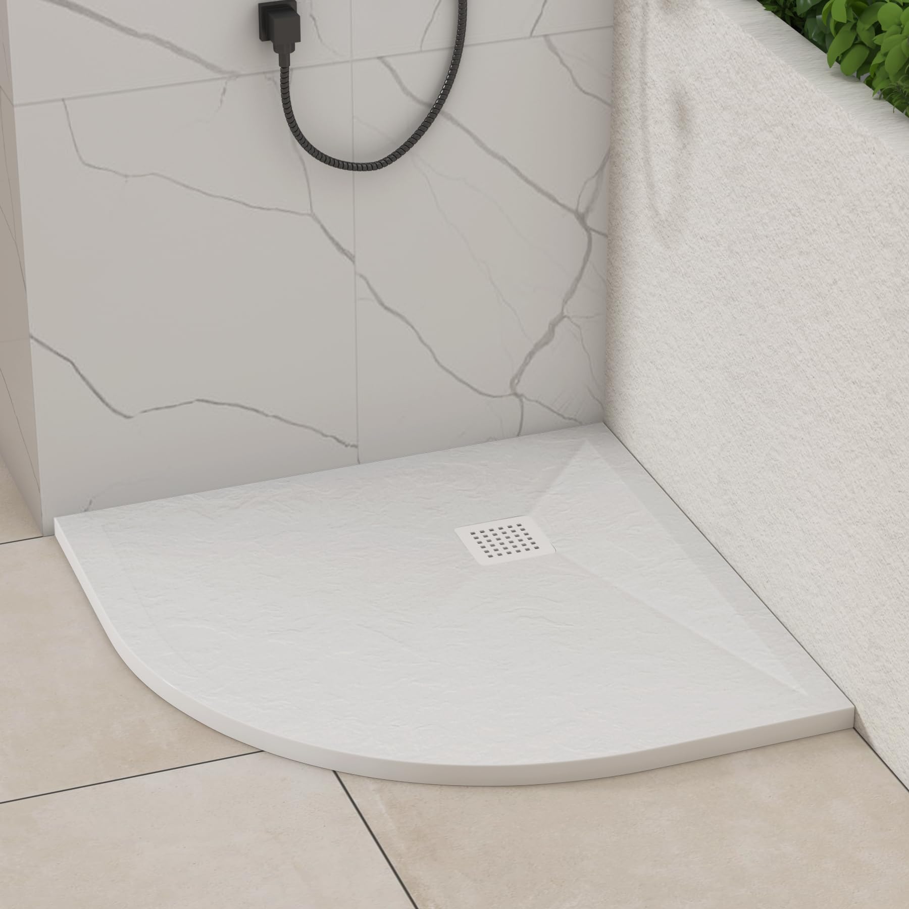 Luxor Quadrant 900 x 900 x 30mm White Slate Effect Stone Shower Tray Slip-Resistance for Shower Enclosure with White Cover Grate