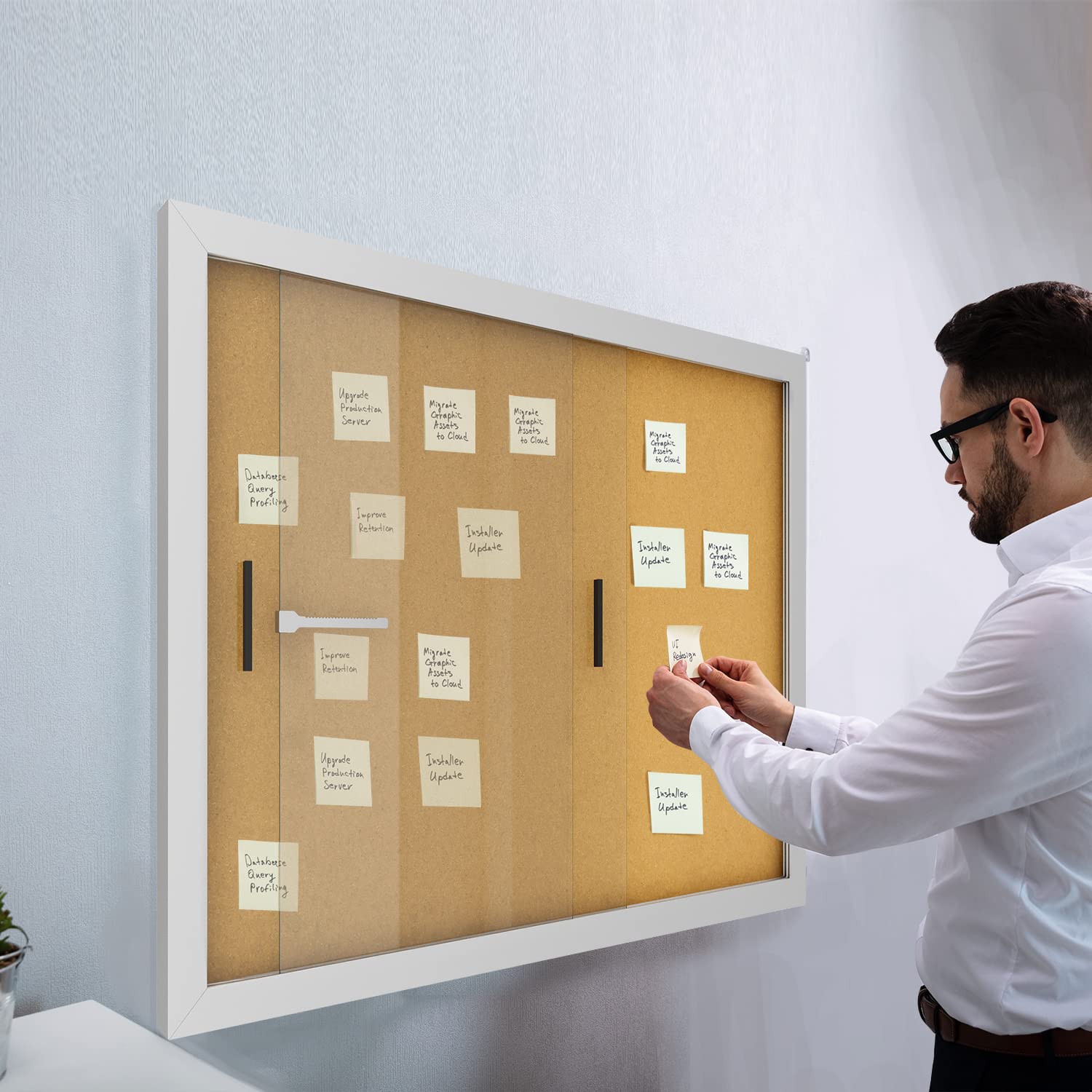 INNOVART Enclosed Bulletin Board 48” x 36”, Lockable Cork Noticeboard with Silver Aluminum Frame, Outdoor Enclosed Bulletin Board Weatherproof, Wall Display Case with Sliding Glass Door