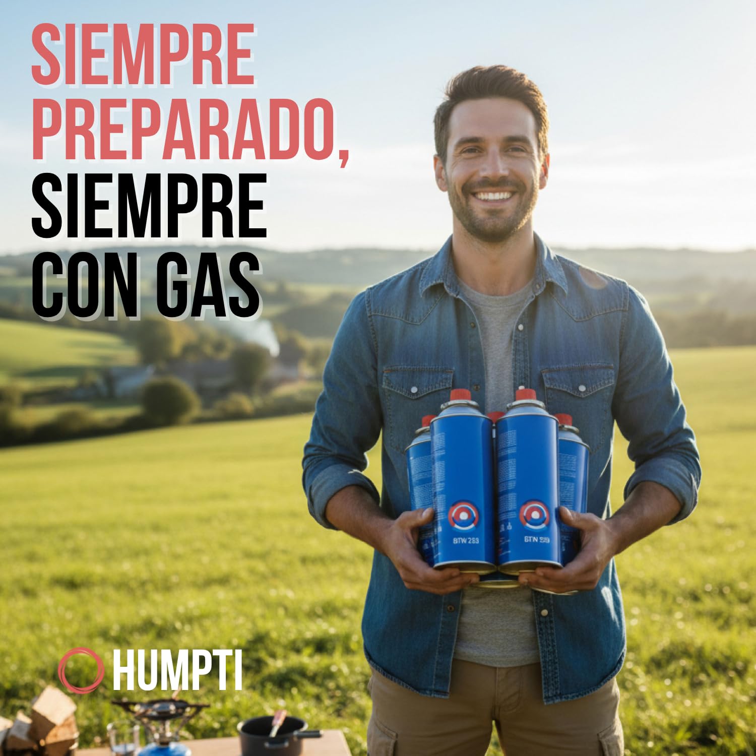 Réchaud à Gaz de Camping Humpti + 4 Cartouches Butane Incluses - Portable Léger avec Adaptateur Bouteille - Compatible EN417 - Camping, Randonnée, Bivouac, Urgences (28 Cartouches)