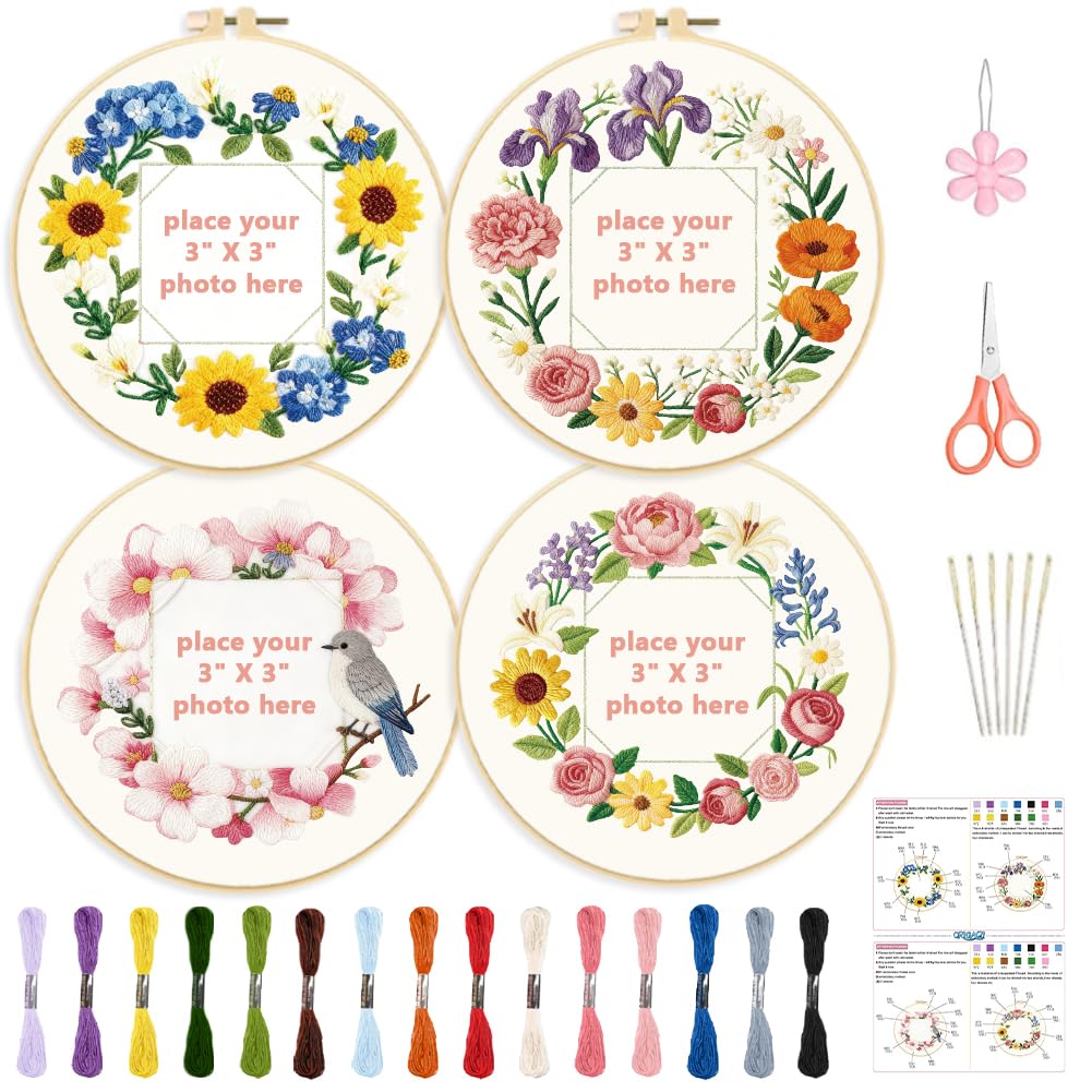 ORIGACH Paquete de 4 kits de bordado de marco floral para principiantes, kit de bordado a mano con patrones de corona floral e instrucciones para adultos y mujeres