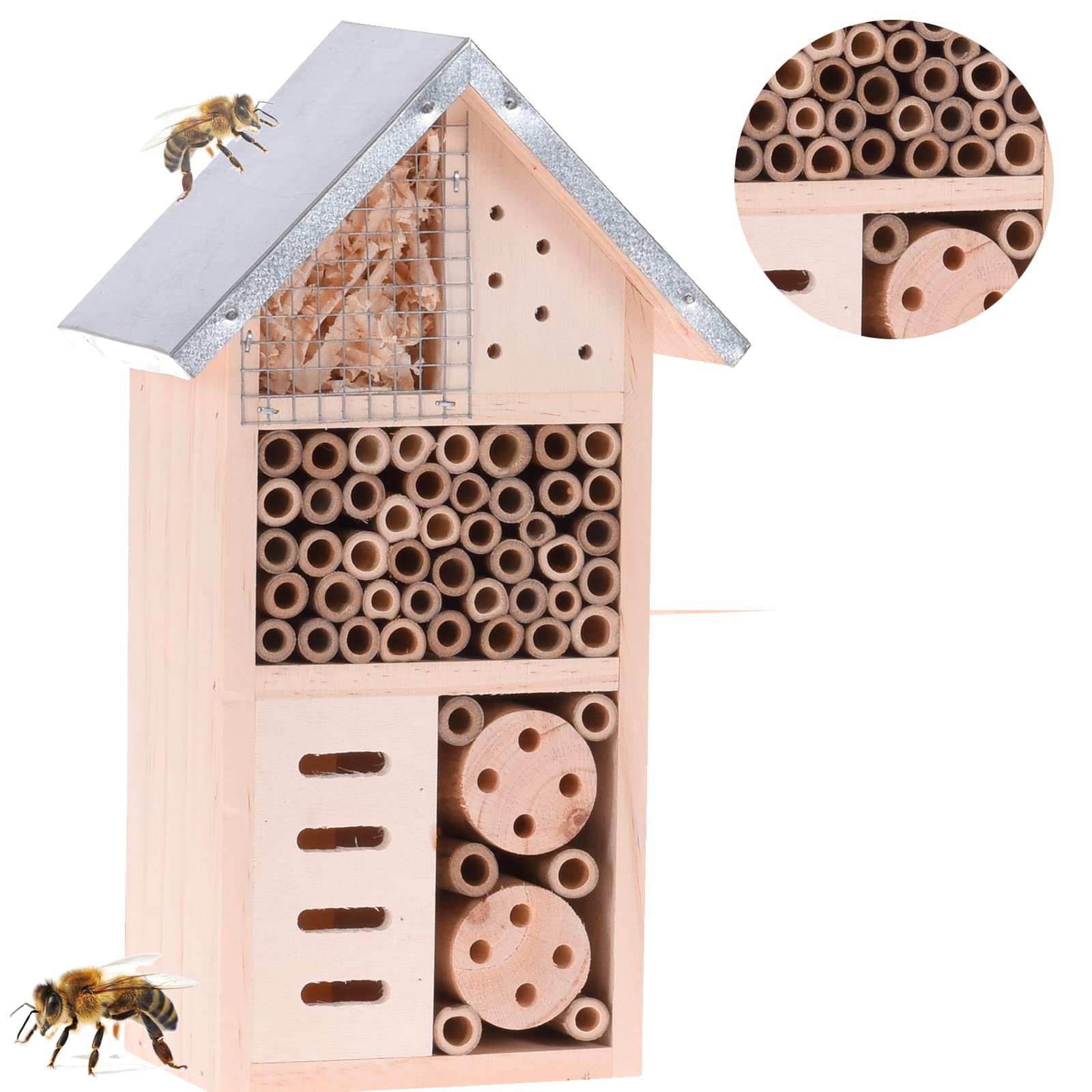 Smart-Planet Stable Insect Hotel Natural Bee Hotel Made of Wood Weatherproof Insect Hotel with Metal Roof 15 x 9 x 26 cm for Garden and Yard