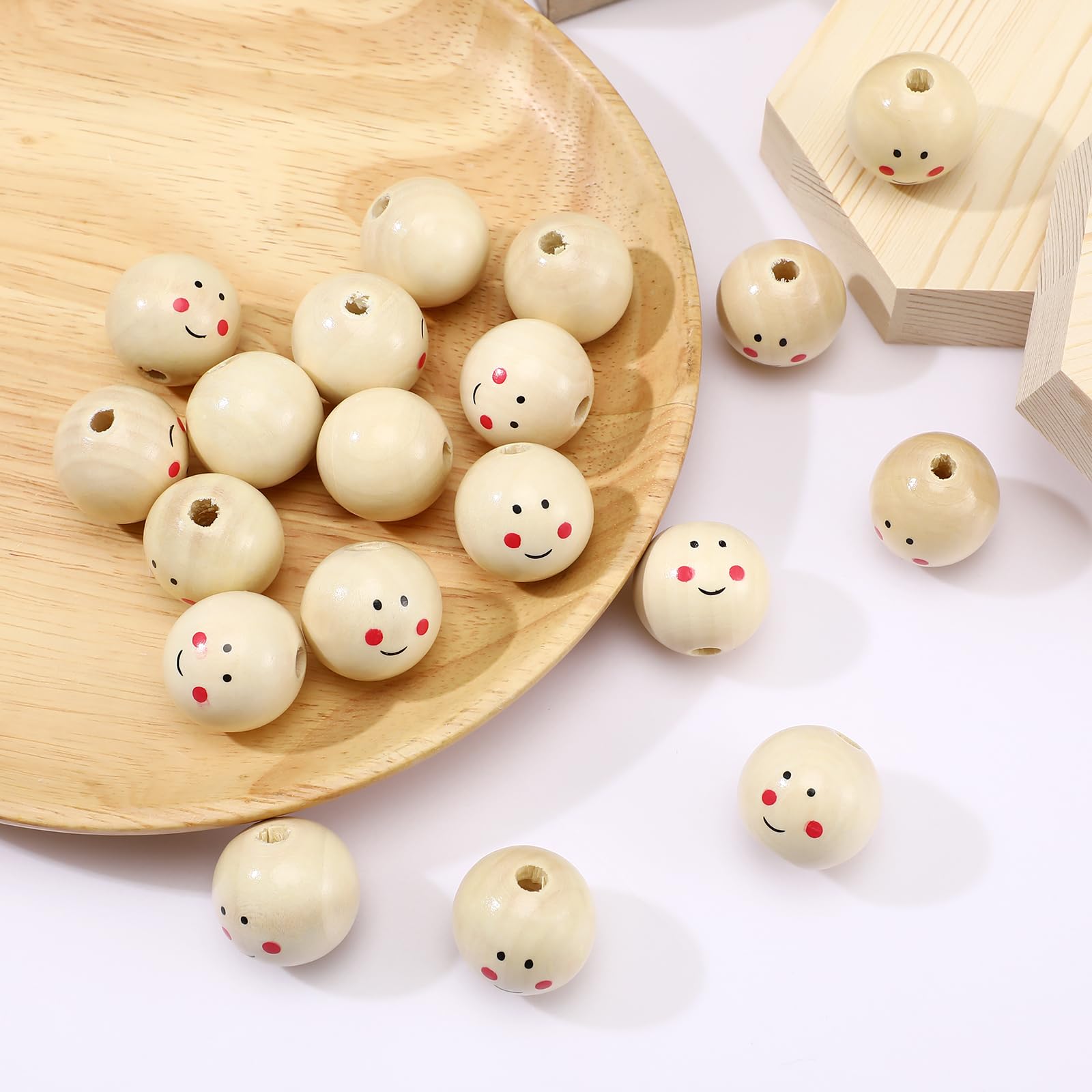 40 Stück Lächelnde Holzperlen + 10m Seil – DIY Bastelset Für Schmuck & Deko, 20mm, Bunt