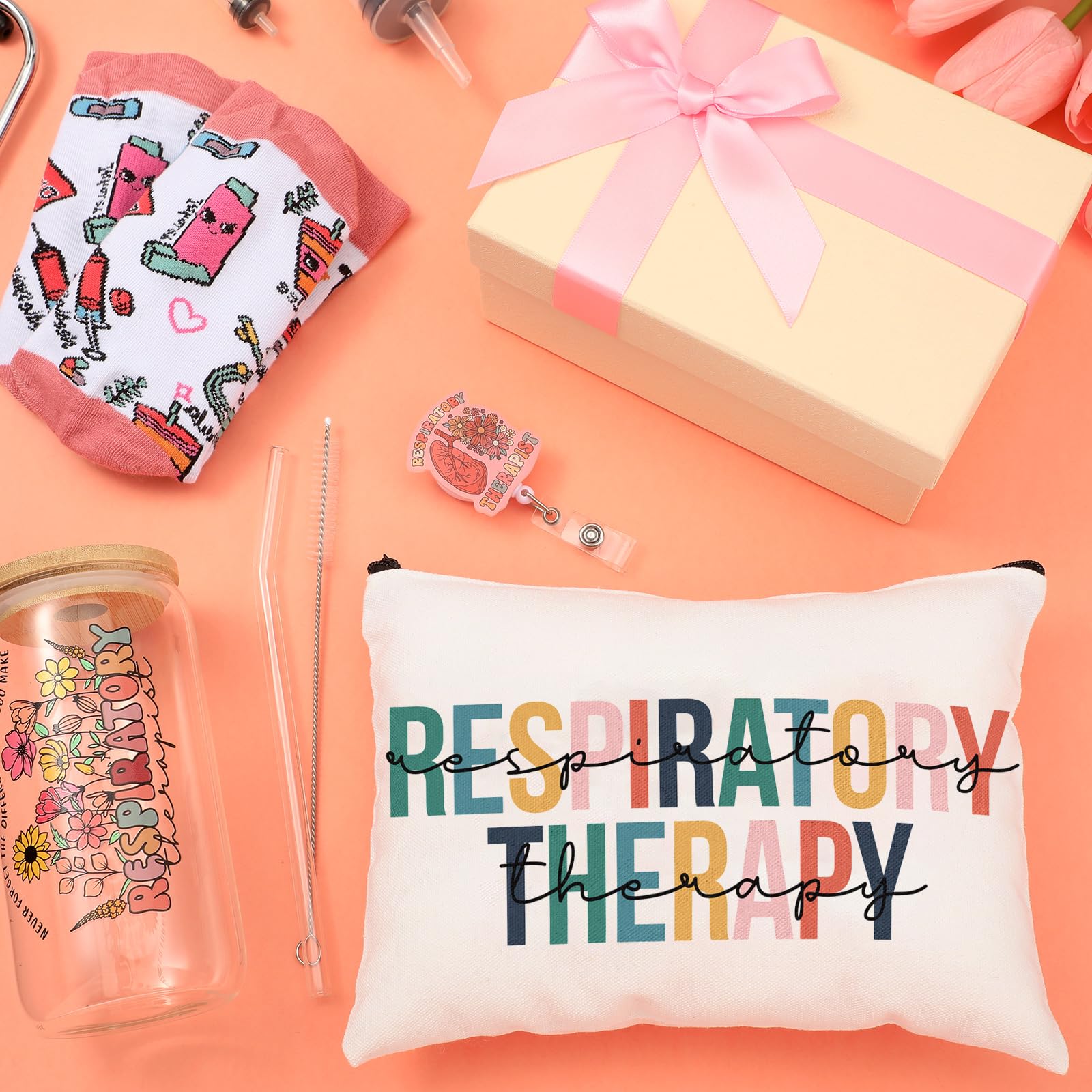 Skylety 5 Pcs Respiratory Therapist Gifts Set 16oz Glass Cup Socks Cosmetic Bag RT Badge Reel Thank You RT Appreciation Gift Box for Women Respiratory Therapist accessories Nurse Doctor Gift