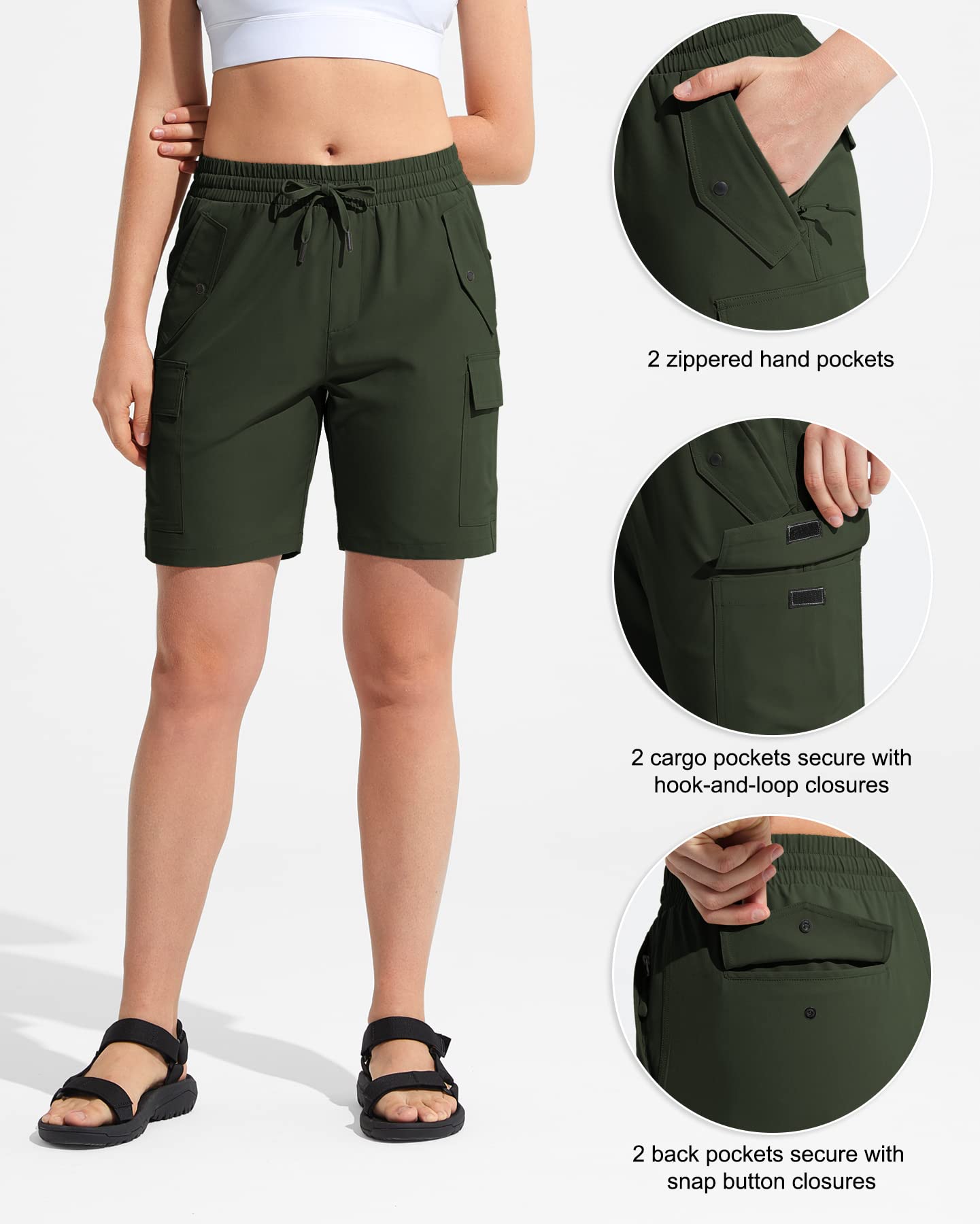 MOCOLY Damskie szorty cargo do wędrówek, szybkoschnące, krótkie, lekkie, letnie, z kieszeniami na zamek błyskawiczny, na trekking, podróże, golfa, kemping, sport