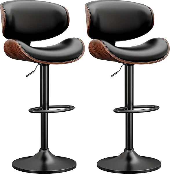 YaFiti Swivel Bar Stools Set of 2 for Kitchen Counter, Adjustable Bentwood Barstools, Modern PU Leather Upholstered Bar Chair with Back and Footrest, for Bar, Kitchen, Dining Room, Black