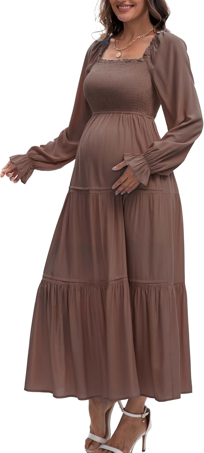Women's Fall Long Sleeve Maternity Maxi Dress Flowy Tiered A Line Photoshoot Baby Shower Dress - Image 5