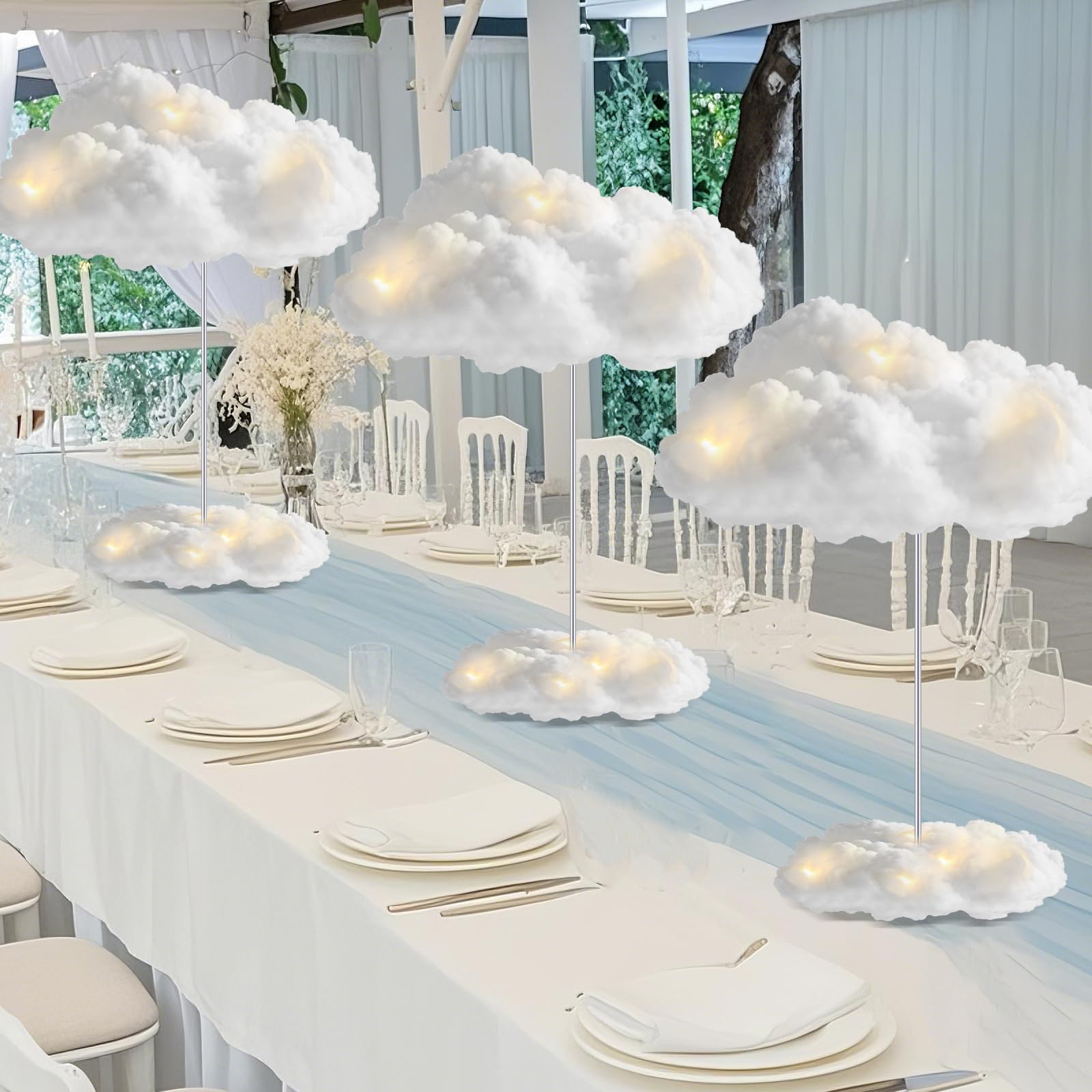 Photo 1 of 6 Set Cloud Baby Shower Decorations for Table Centerpiece Hanging Cloud Ceiling Artificial Clouds LED Light Decor DIY Kit for Room Wall 3D Fake Fluffy Cotton Clouds Prop for Party Birthday Nursery