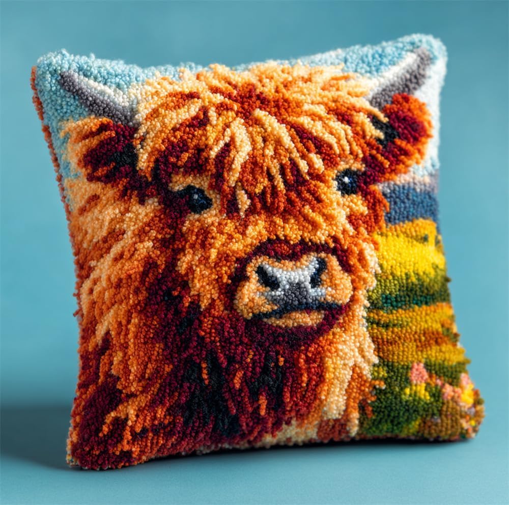 FWRTYCB Latch Hook Kits Pillow Highland Cattle Crochet Yarn Hooking Pillow