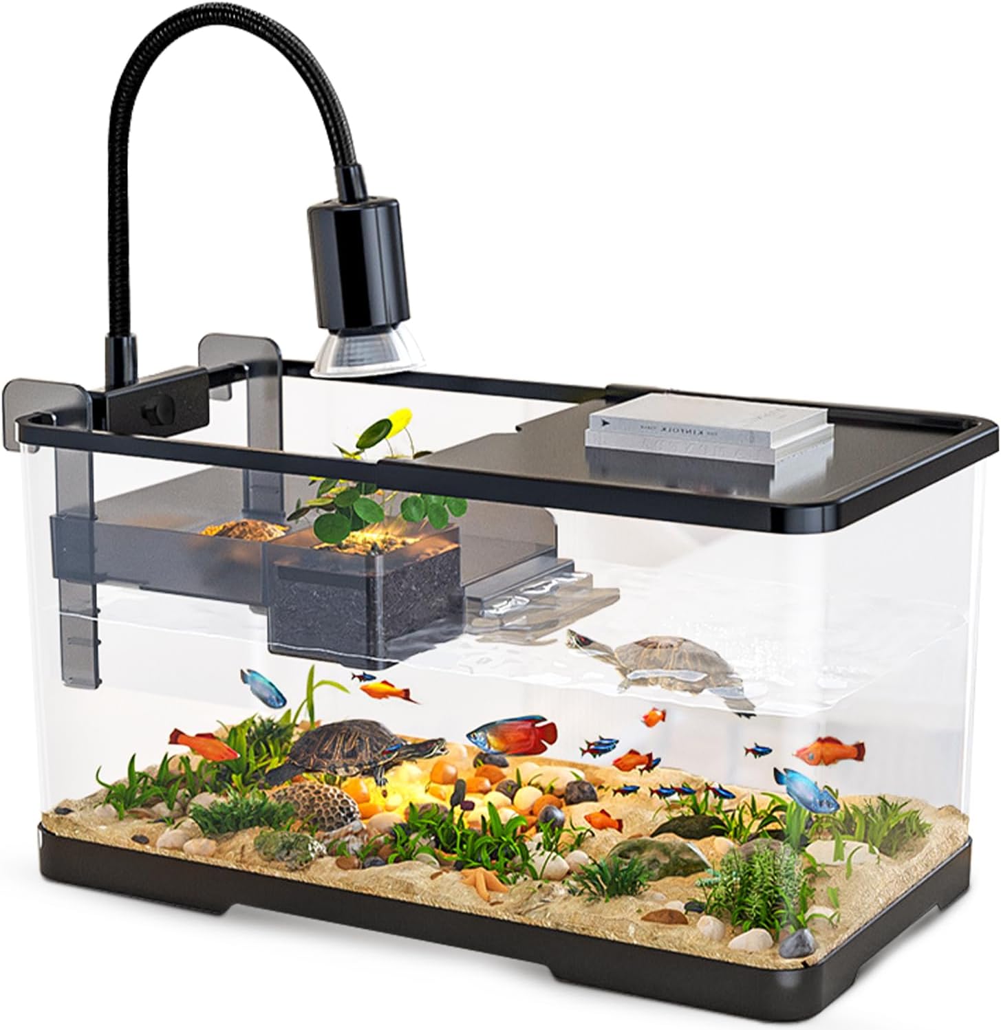 (Tank + Light + Filter Balls) Turtle Tank Kit, Turtle Tank Starter Kit,Bottom Drainage, Multi-Function Areas for Turtles, Crabs,Fishes, Amphibians,Reptiles. (15.75 x 8.64 x 8.64 Inch) M+Light+Filter Balls