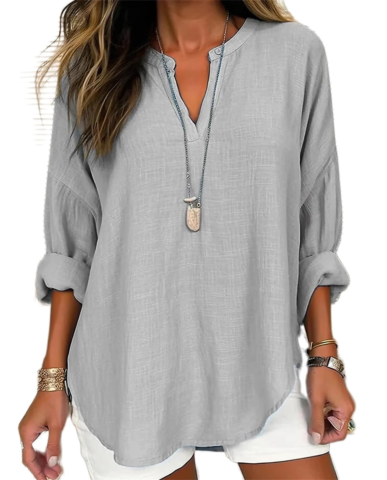 Women Casual Linen Blouses V Neck Long Sleeve Pullover Solid Cotton Linen Shirts Lightweight Loose Fit Soft Fall Tops