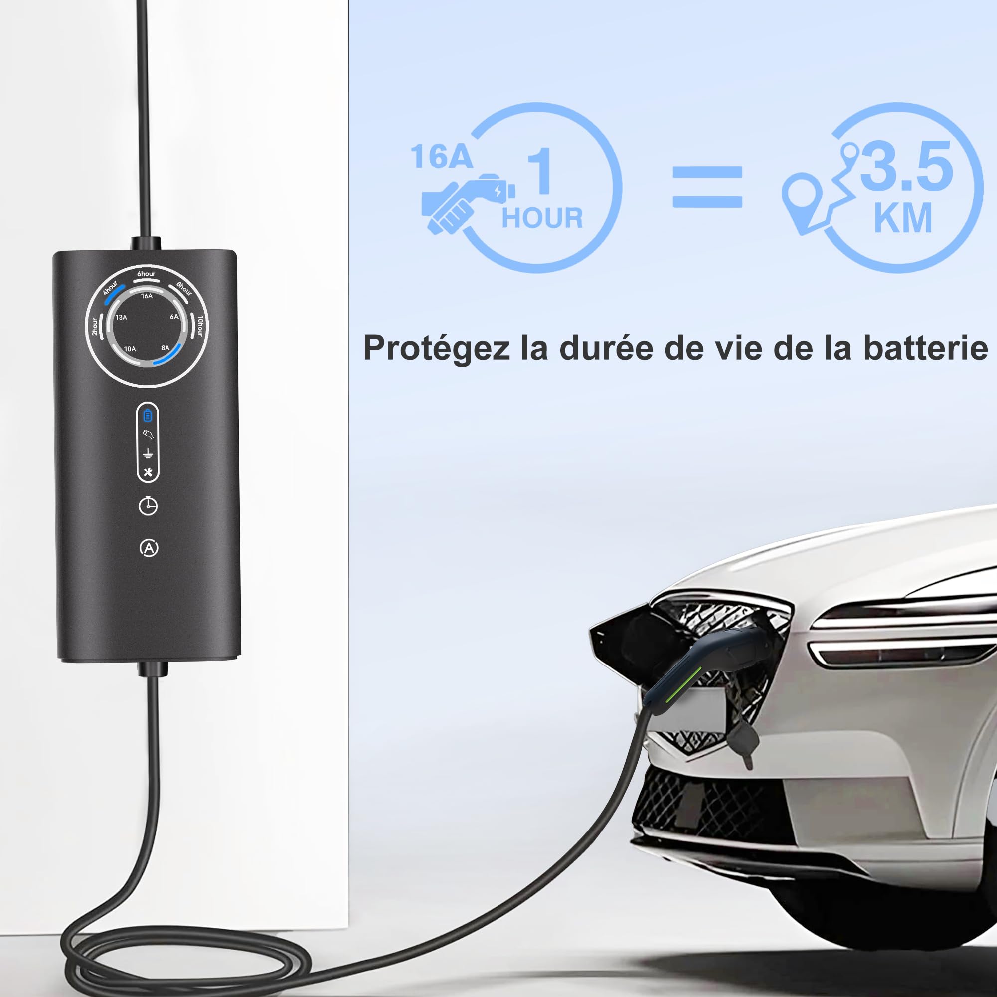 AWESAFE Chargeur Voiture Electrique [ 3,68 KW, 16A, 6m ] Courant Réglable 6-8-10-13-16A Prise Schuko avec Sac/Câble de Charge Type 2, Compatible avec E-208, Zoe, Spring, 500e, Model 3&Y et Autres BEV/