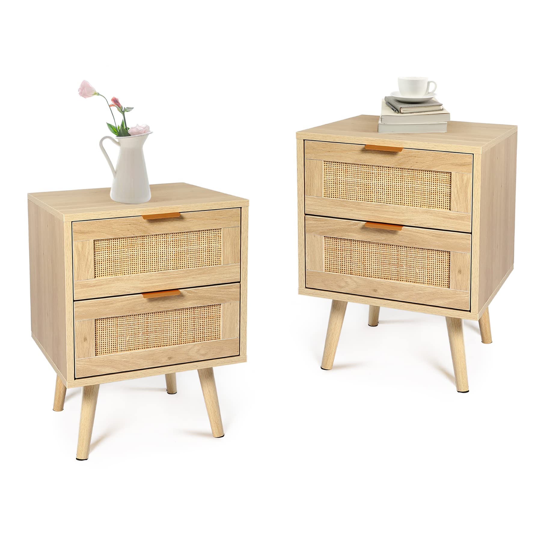 HOPUBUY Nightstands Set of 2 with Rattan Drawer, Modern Night Stand for Bedrooms, Wooden 2 Drawer Bedside Table Side Table Nightstand for Bed Small Place and Bedroom (Brown, 2 Drawers 2 Pack)