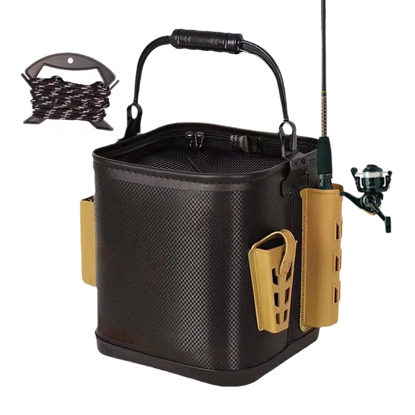Seau à appâts vivants pliable avec porte-canne pour pêcheur en plein air et camping