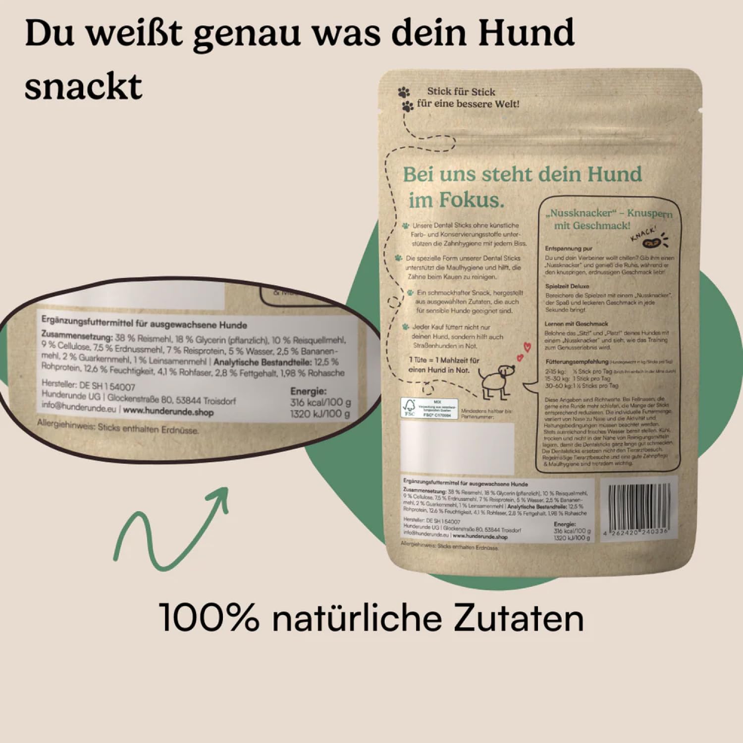 Hunderunde – Dental Sticks Nussknacker 63 STK – vegane Zahnpflege Kausticks für Hunde – mit Erdnuss & Banane – getreidefrei & ohne tierische Proteine – zur Plaque & Zahnsteinreduktion – Kausnack