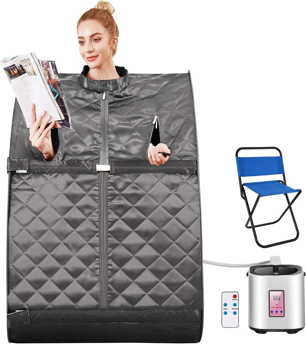 OppsDecor - Portable Steam Sauna 2L, Personal Therapeutic Sauna for Weight Loss, Detox Relaxation at Home, One Person Sauna with Remote Control, Folding Chair, Timer (US Plug) (Grey)