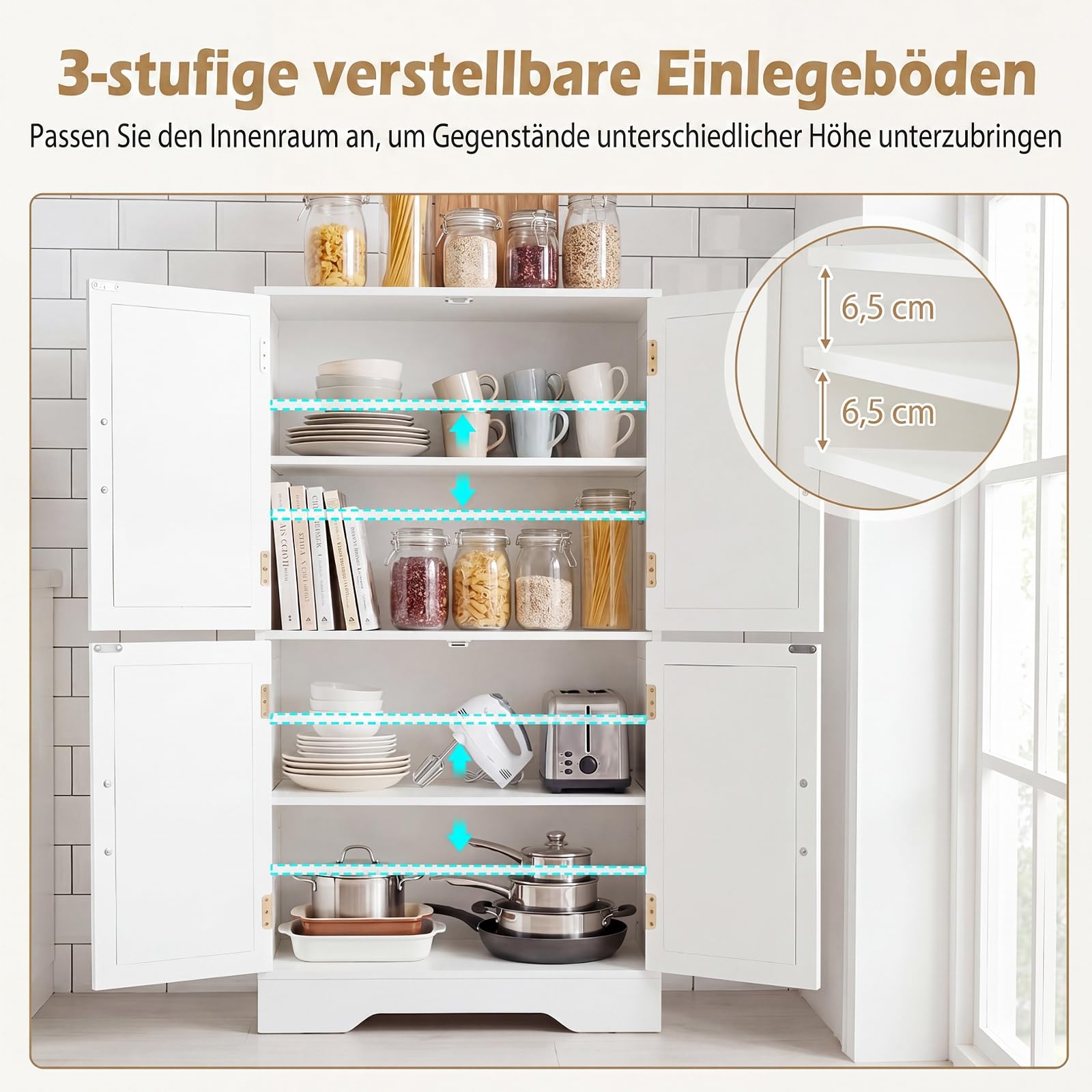 COSTWAY Küchenschrank aus Holz, Vorratsschrank Küche, Buffetschrank mit 4 Türen & 2 verstellbaren Regalen, Aufbewahrungsschrank freistehend für Wohnzimmer, Esszimmer, 60 x 30 x 110cm (Weiß)