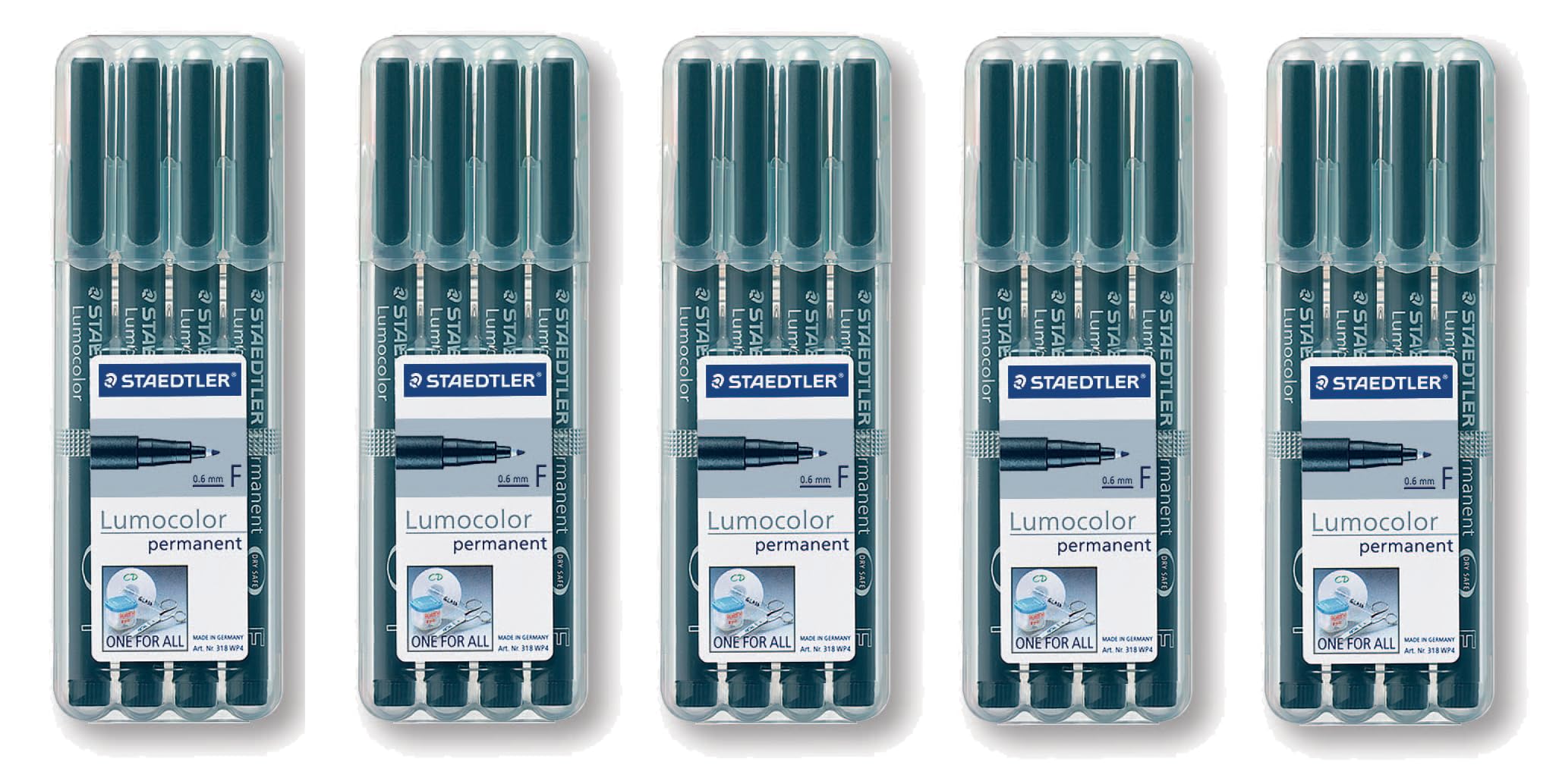 STAEDTLER permanenter Universalstift Lumocolor, wisch- und wasserfest, sekundenschnell trocken, nachfüllbar, Linienbreite 0,6 mm (Schwarz, 5x4er Set)