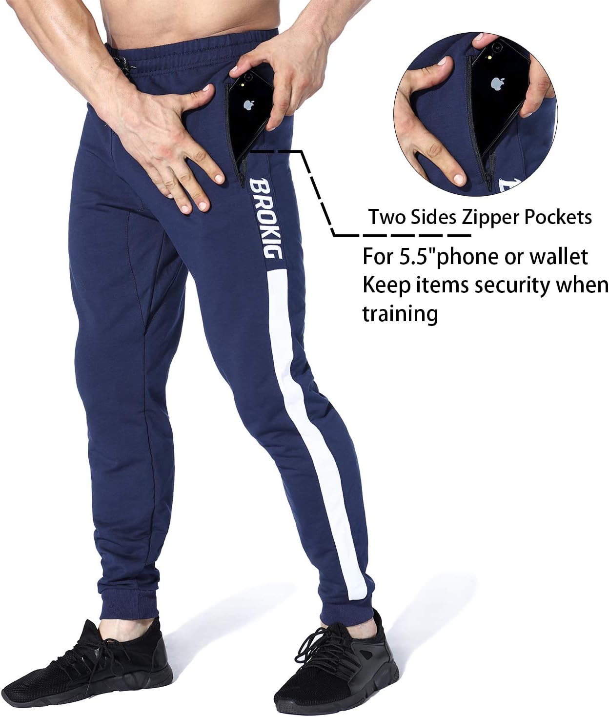 BROKIG Men's Streaks Vent Gym Workout Joggers Pants,Athletic Casual Side Mesh Jogging Sweatpants with Zip Pockets - Image 2