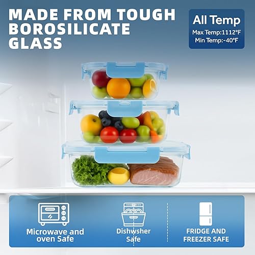 Miniatura 8 de BYLWORKOUT - 24 recipientes de vidrio con tapas, a prueba de fugas, aptos para lavavajillas, para preparación de comidas o sobras (azul)