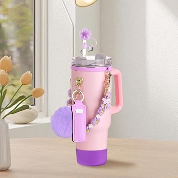 Stanley Cup Accessories Set, 10PCS Stanley Cup Decor Includes Stanley Straw Cover, Water Bottle Handle Strap, Silicone Stanley Cup Boot, Stanley Charms for Stanley Cup 40oz & 30 oz Tumbler, Purple