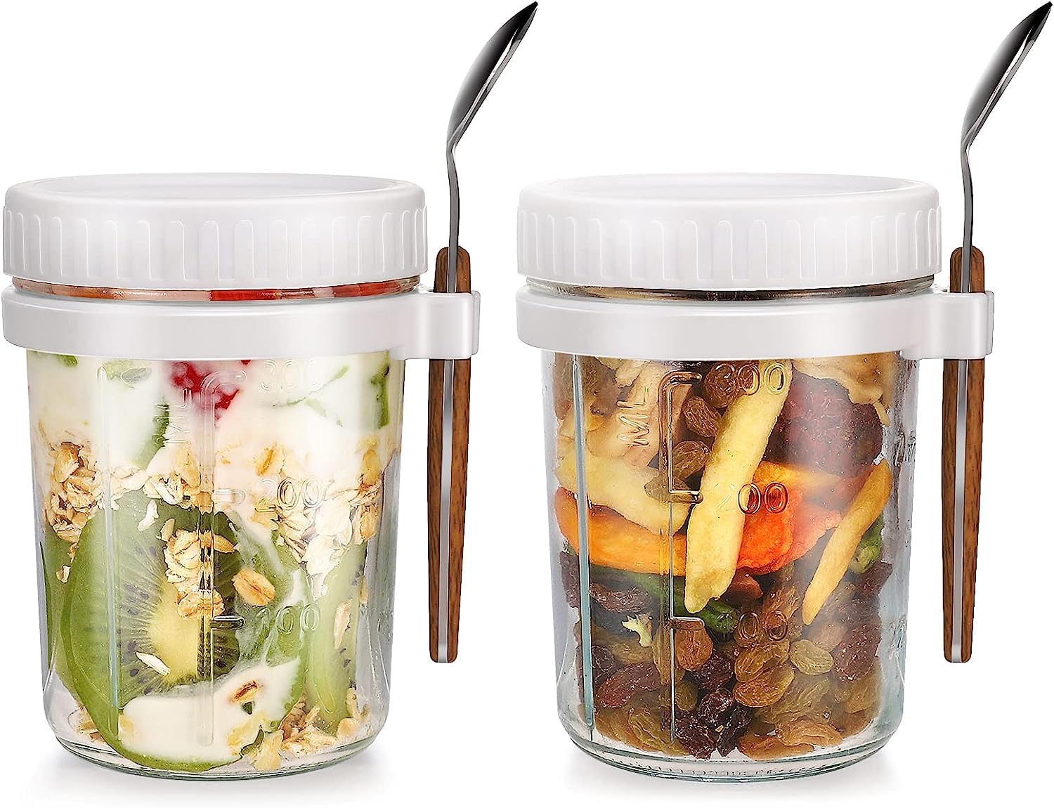 Oats Jars with Lid and Spoon,Airtight Oatmeal Container with Measurement Marks,Wide Mouth Portable Mason Jars Breakfast Container for Salads Yogurt Cereal Milk (2 Pack 350ml)