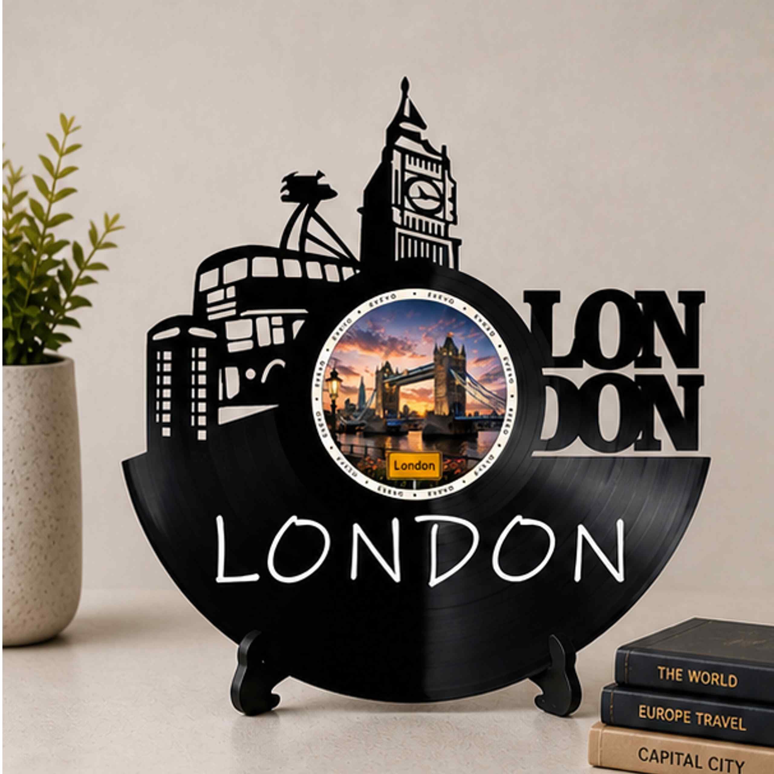EVEVO Decorazione da parete a forma di disco di Londra, in vinile, motivo skyline dell'Inghilterra, regalo per i fan di Londra, amanti del Regno Unito, D0050