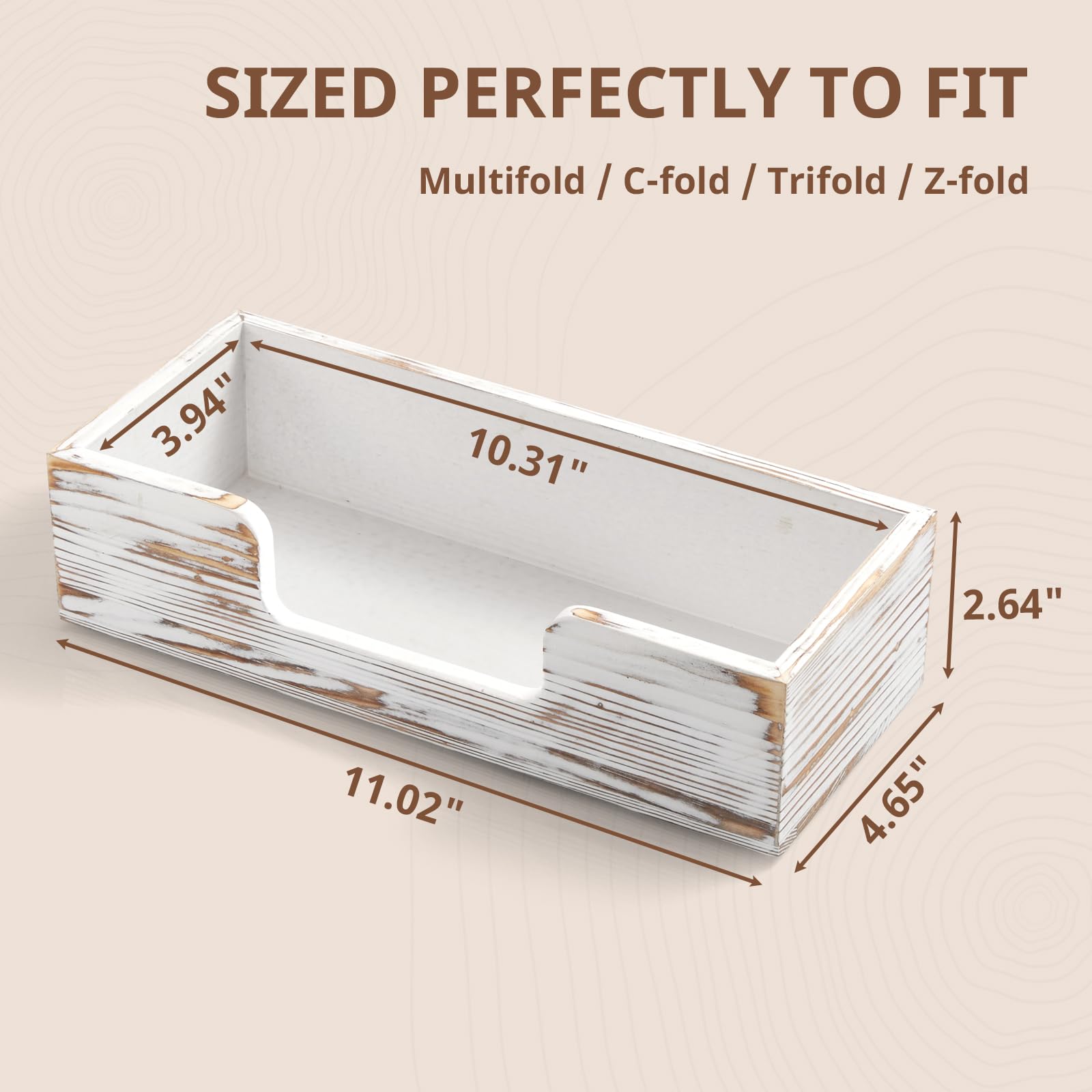 Dispensador de toallas de papel, soporte de toallas de mano de papel plegado de madera lavada blanca para baño de invitados, bandeja dispensadora de pañuelos de mesa comercial para múltiples pliegues