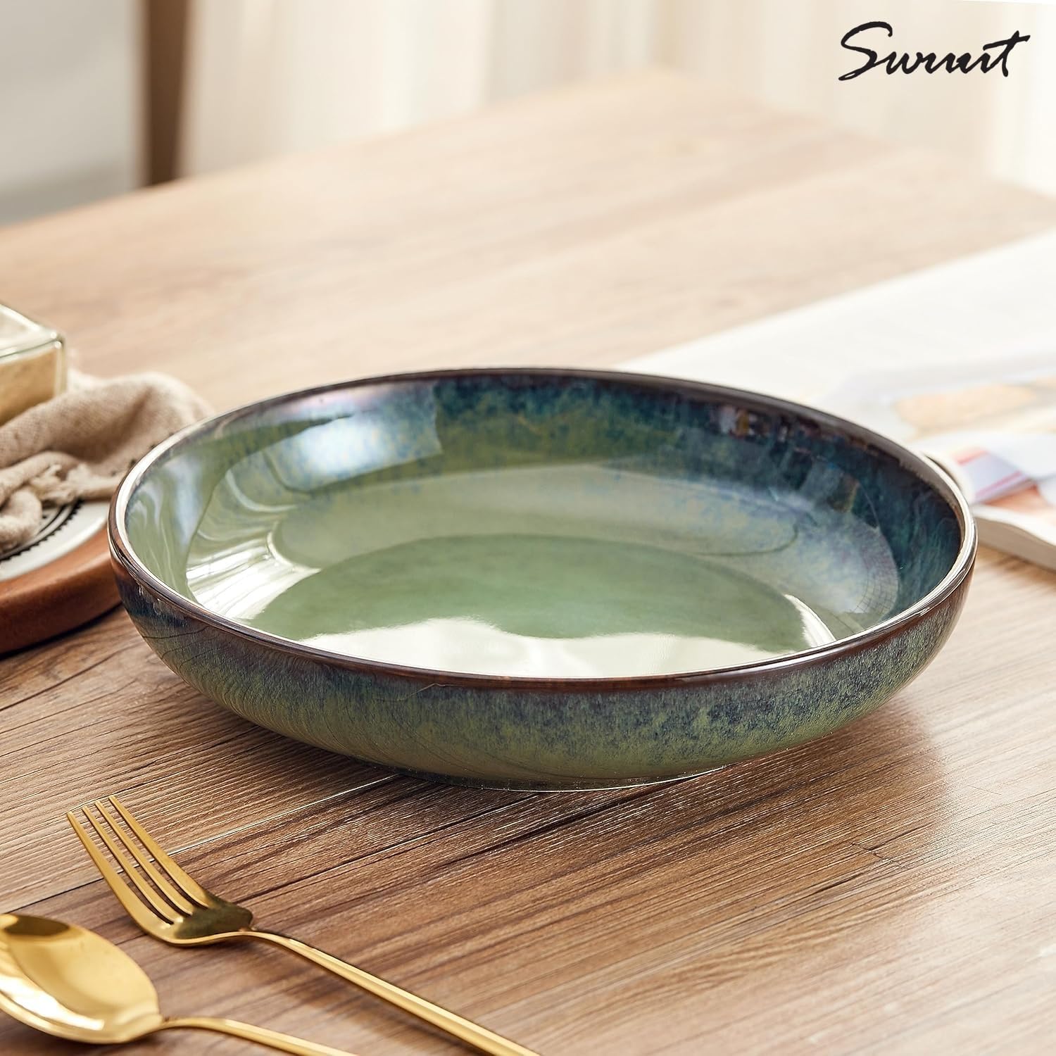 Transmutation Glaze - Cuenco para pasta para servir, cuencos anchos de cerámica de 10 pulgadas, cuenco grande de 50 onzas para cocina, apto para microondas, horno y lavavajillas (verde)