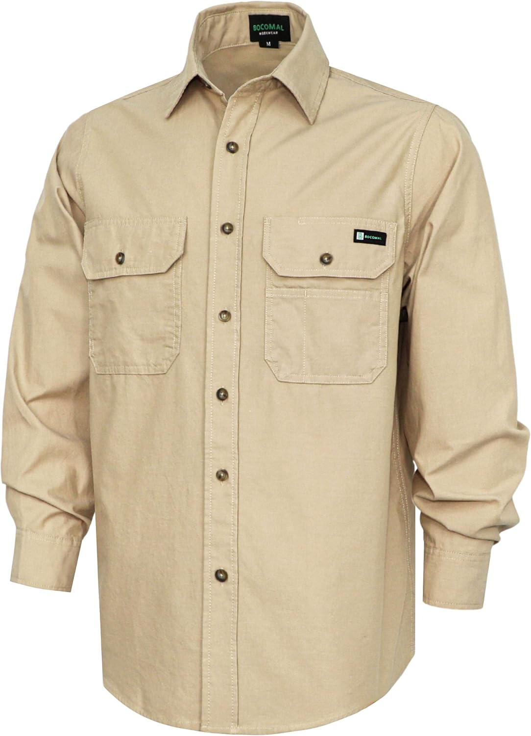 BOCOMAL Men's Work Shirts Button Down Long Sleeve Relaxed Fit - Lightweight 100% Cotton Chambray, EX-Soft, Utility Pockets