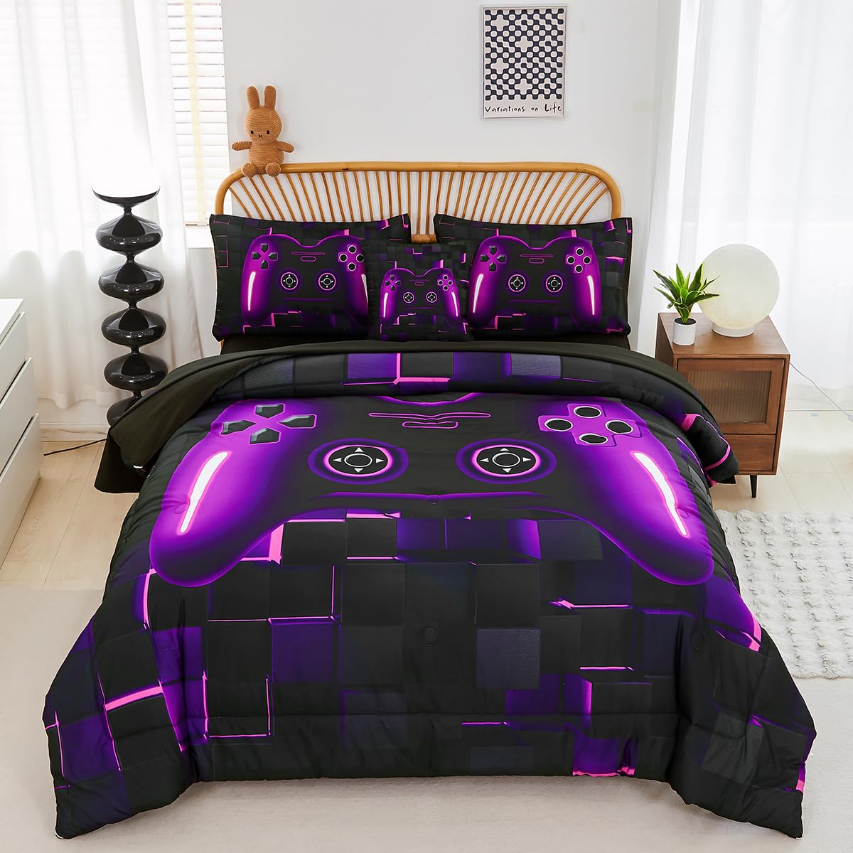 PERFEMET 6 Pieces Bed in A Bag Gamer Comforter Set Queen Size Purple Gaming Bedding Set for Boys Kids Teen Soft Lightweight Video Game Black Quilt