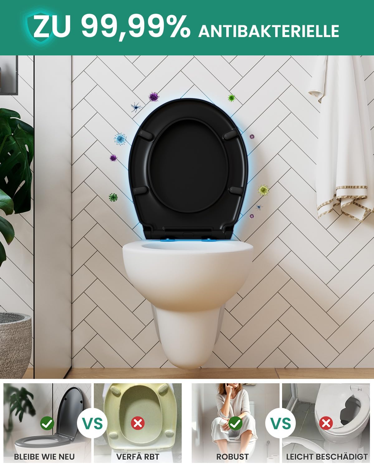 ANYCEE Tavoletta WC con Chiusura Ammortizzata, Copriwater Universali in Duroplast, Coperchio Water con Antibatterico, Asse WC O Forma, Sedile WC con Sgancio Rapido, Rapido Montaggio, Nero