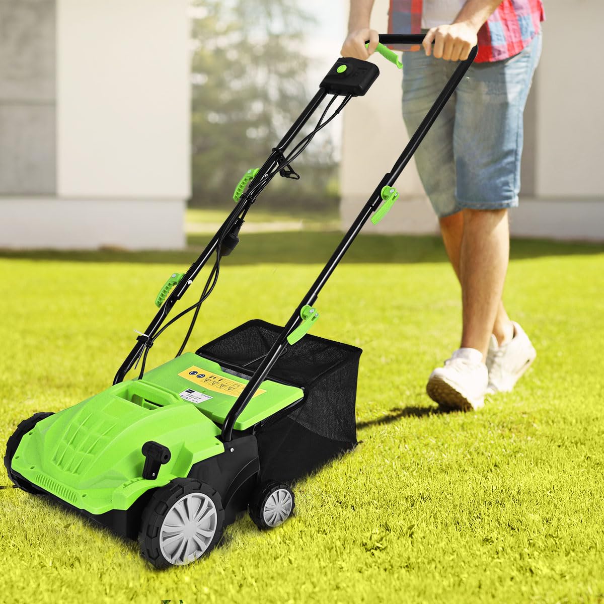 GOPLUS Scarificateur Électrique 2 en 1 avec 30LSac de Collecte, Aérateur de Pelouse avec Hauteur Réglable à 4 Niveaux, Poignée Pliable pour Un Rangement Facile(Vert)