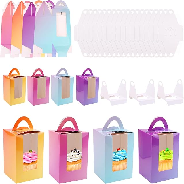 20 Pcs Individual Cake Boxes Cupcake Boxes Individual for Packaging 1 Cavity Cupcake Boxes with Window and Inserts Pink Blue 3.74x3.74x7.67 Inch Muffin Boxes Mini Cardboard Cupcake Boxes