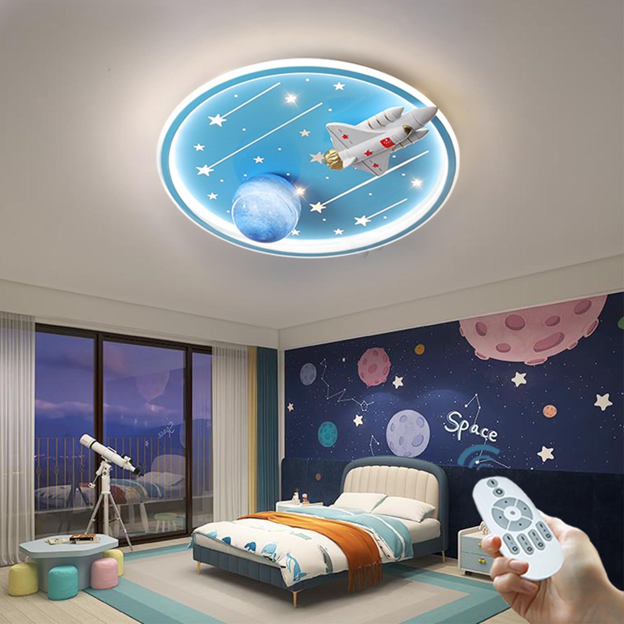WOQuju Dimmable LED Children's Ceiling Light Children's Room With Remote Control Light Modern Star Airplane Girls Boys Room LED Ceiling Light, Blue 57W