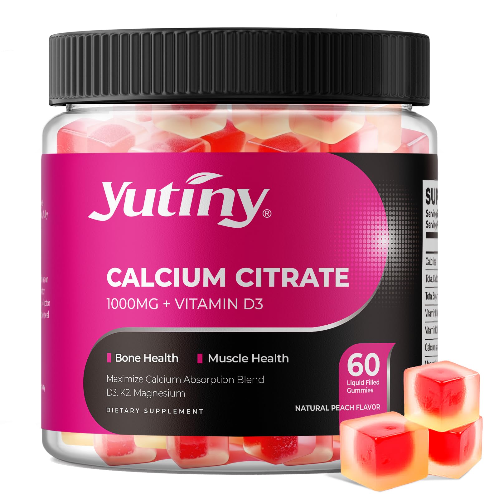 Dusičnan vápenatý Plnené Gumíny, Extra Absorpcia Dusičnan vápenatý 1000 mg s vitamínom D3, K2 a horčík, žuvacie doplnky pre kosti, zdravie svalov, 60 Počet