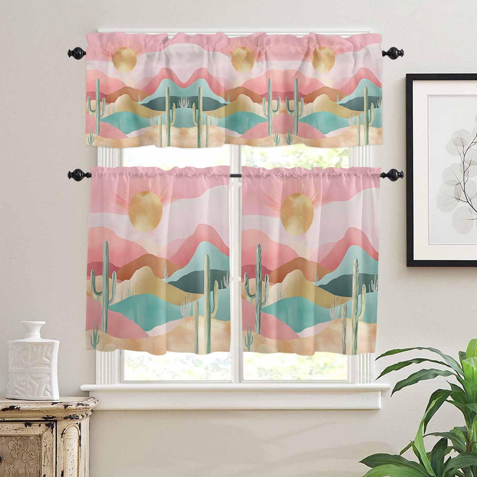 Southwest Boho Kitchen Curtains 36 Inch Length, 3 Piece Rod Pocket Small Half Tiers and Valance Set, Abstract Watercolor Cactus Mountain Small Large Window Treatment Decor for Bedroom/Bathroom Sink