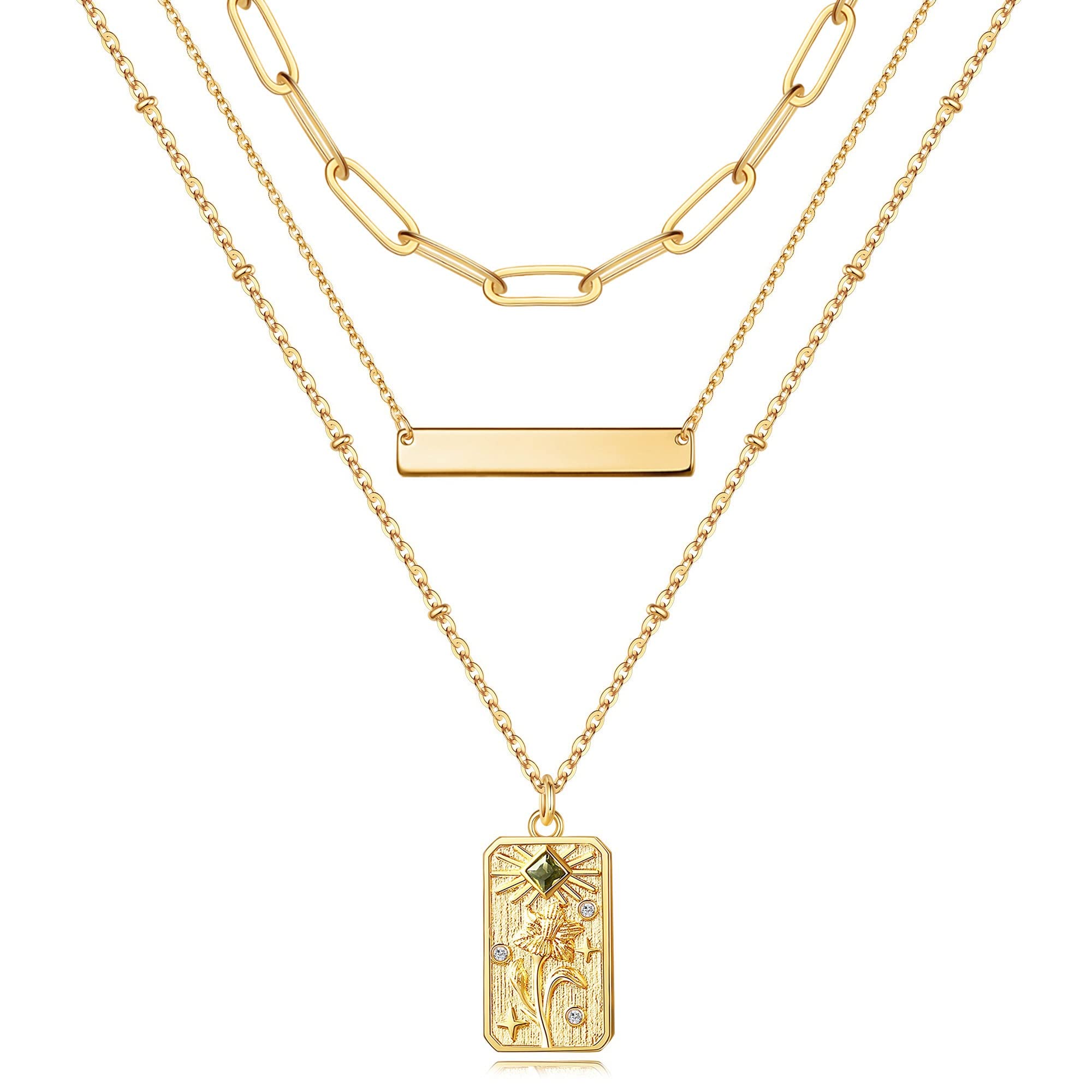 MJartoriaGold Layered Birthstone Necklaces for Women Trendy Flower Pendant, Gold Necklaces Dainty Chain Bar Pendant Necklace for Girls Jewelry Birthday Gifts