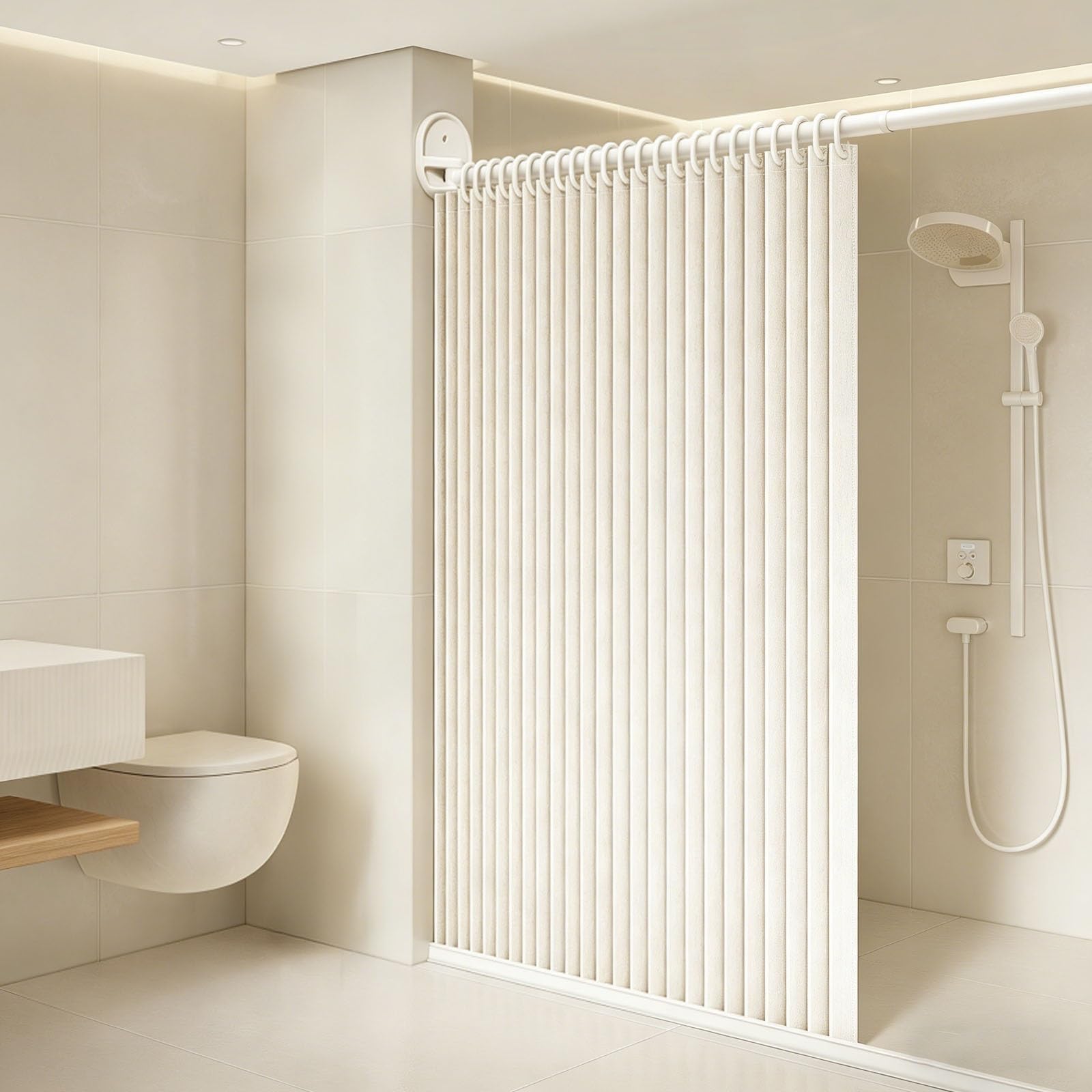 WQPMNYG Retractable Folding Shower Curtain Rod Wall-Mounted No-Drilling Installation for Bathroom Corner Bathtub Adjustable 67-86in Durable & Space-Saving Solution.