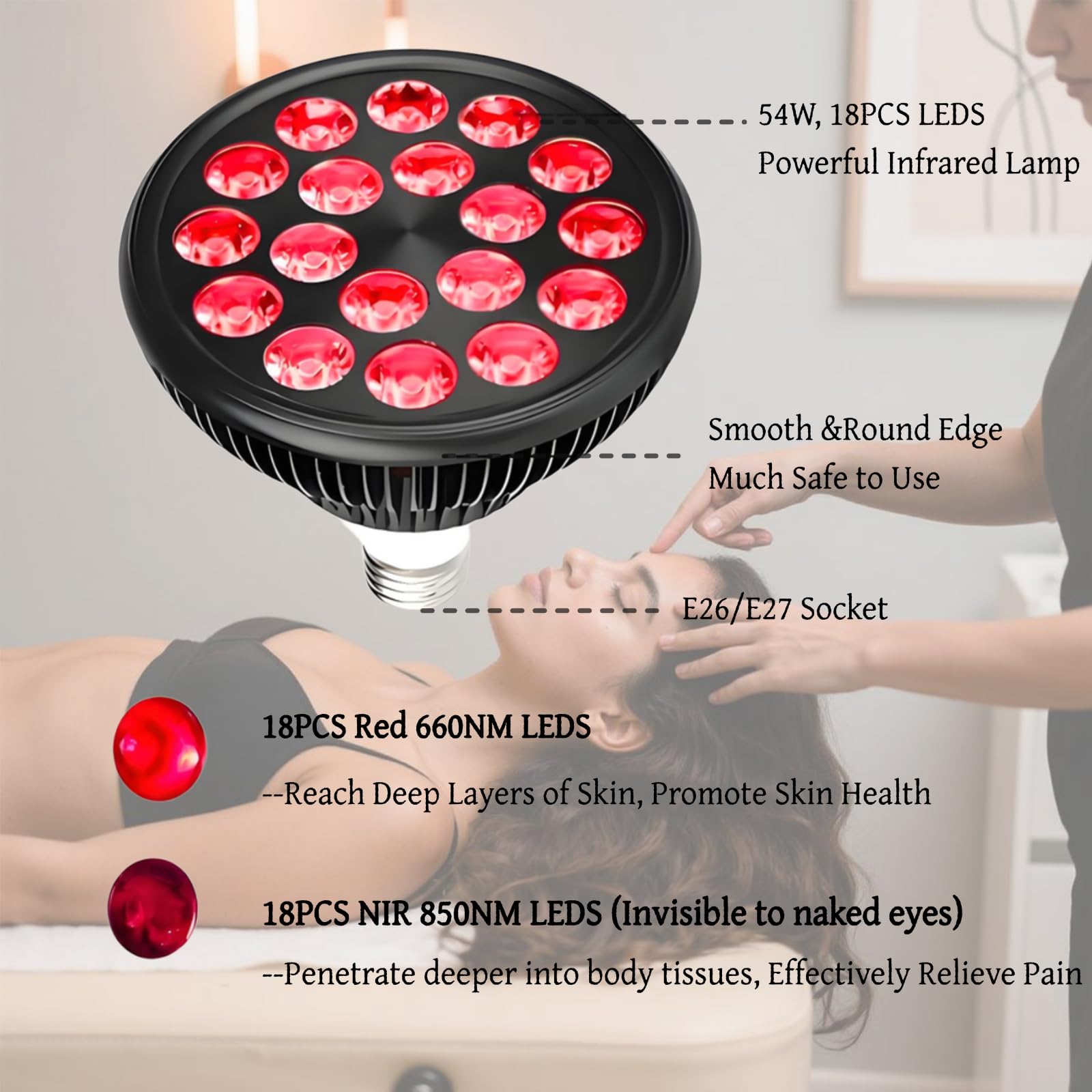 lampka do terapii światłem czerwonym 660 nm/850 nm, 18 diod LED 54 W, timer, 5 poziomów jasności, podstawa i okulary do regeneracji mięśni twarzy, pleców