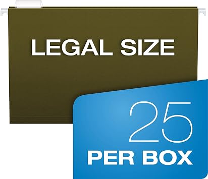 Pendaflex Recycled Hanging File Folders, 25 Pack, Green, Legal Size (8.5 x 14), 5 Tab Positions, Includes Tabs and Inserts, Eco-Friendly Hanging Files for Office and Document Organization