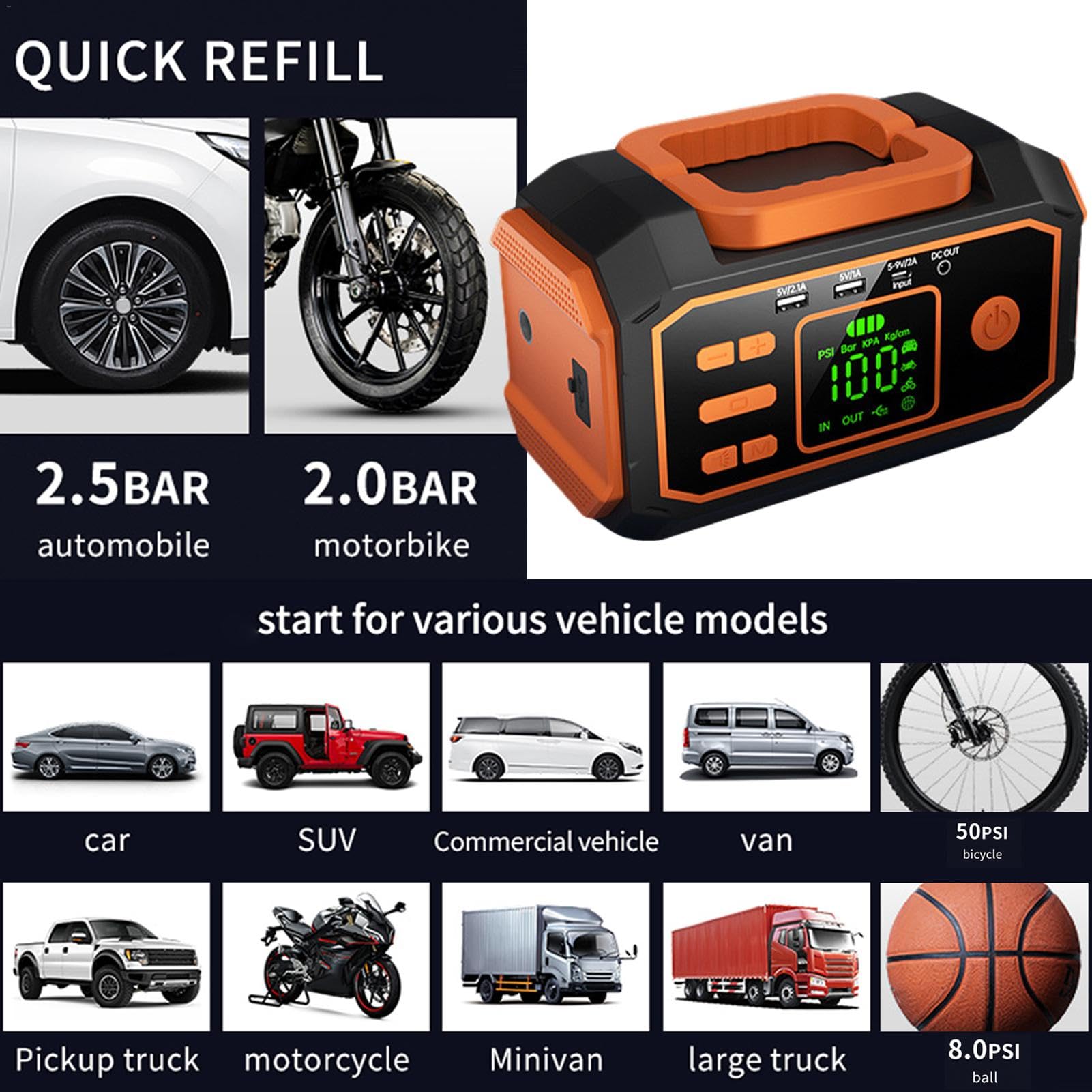 Inflador De Neumáticos Compresor De Aire Automotriz Con Luz LED | Bomba De Neumáticos Con Manómetro Digital Para Autocaravana Camping Bicicleta Motocicleta Vehículo SUV Camión Garaje En