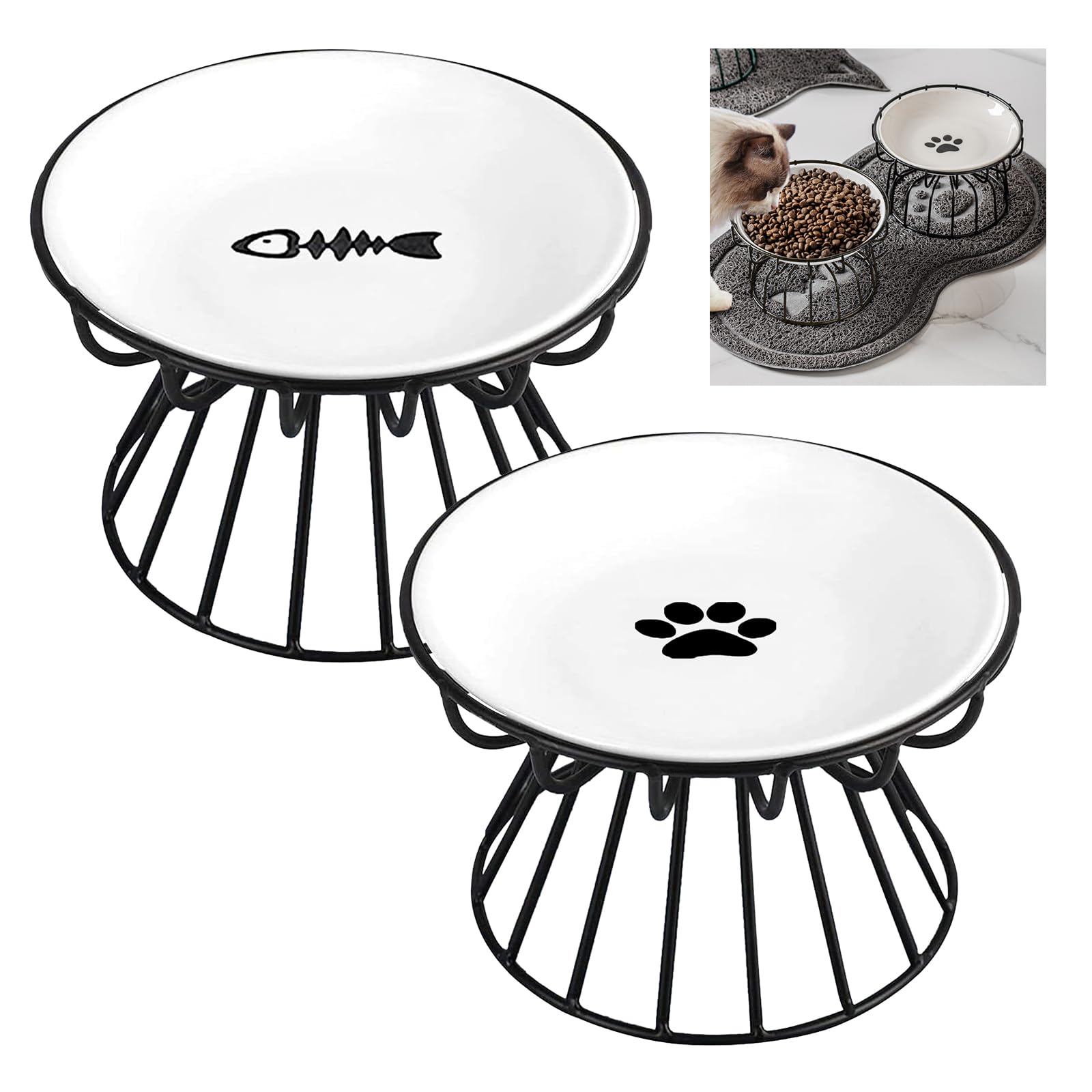 Elevated Ceramic Cat Bowl with Metal Stand,Anti Vomiting Cat Feeding Bowl,