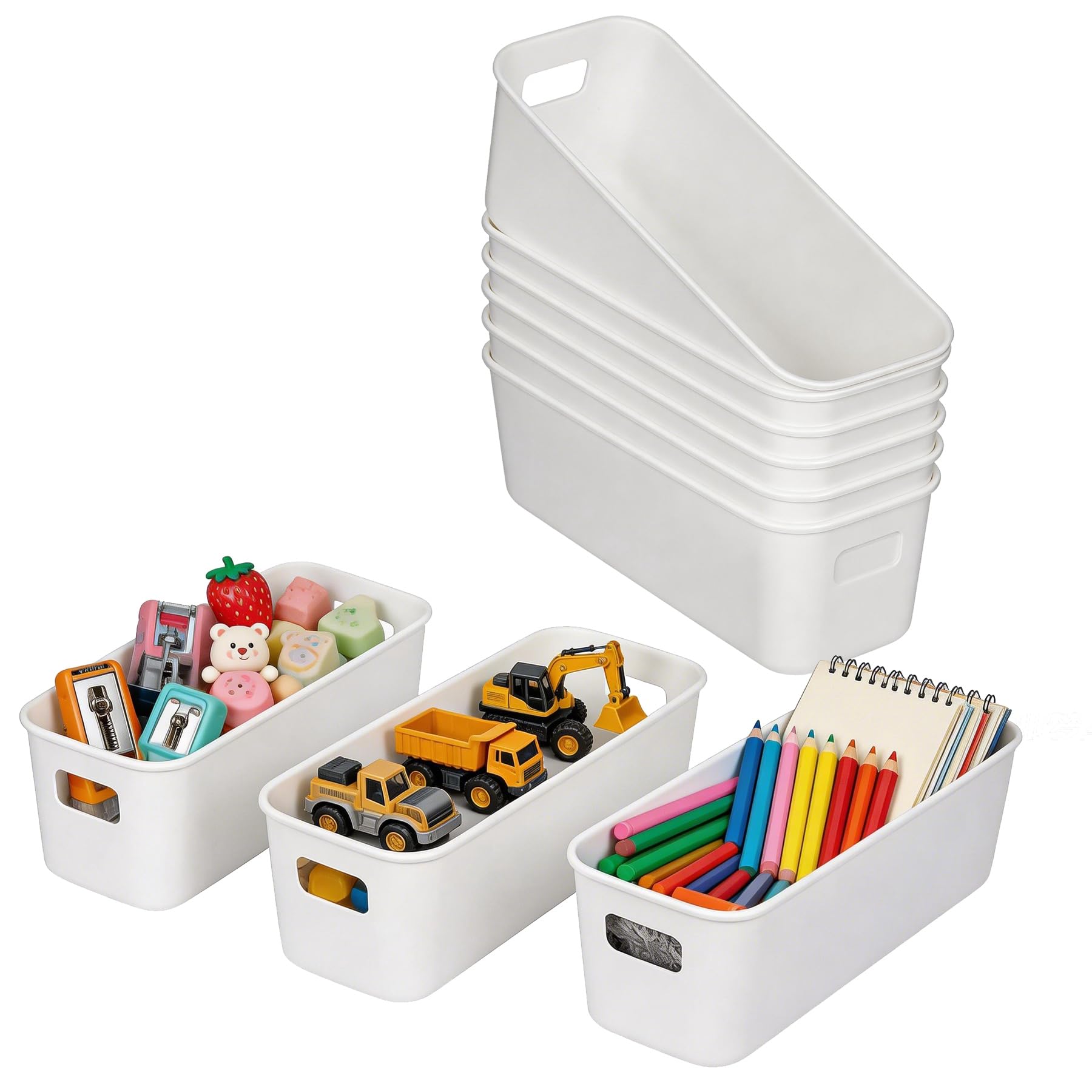 10 Pack Narrow Storage Baskets with Handles, Small Plastic Storage Boxes for Kitchen Cupboard, Bathroom Shelf Organiser Bins, Long White Storage Containers for Drawers Organiser Divider (28×10×9.5cm)