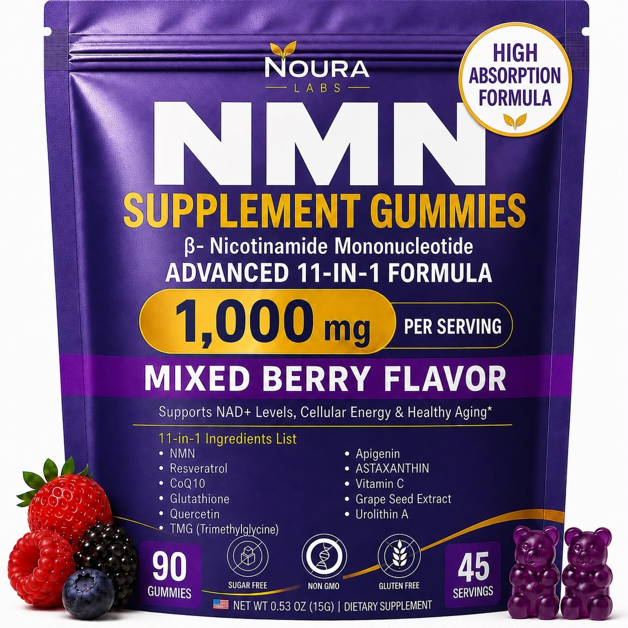 NMN 1000mg Gummies, NAD+ Supplement, Mixed Berry, 90 Count