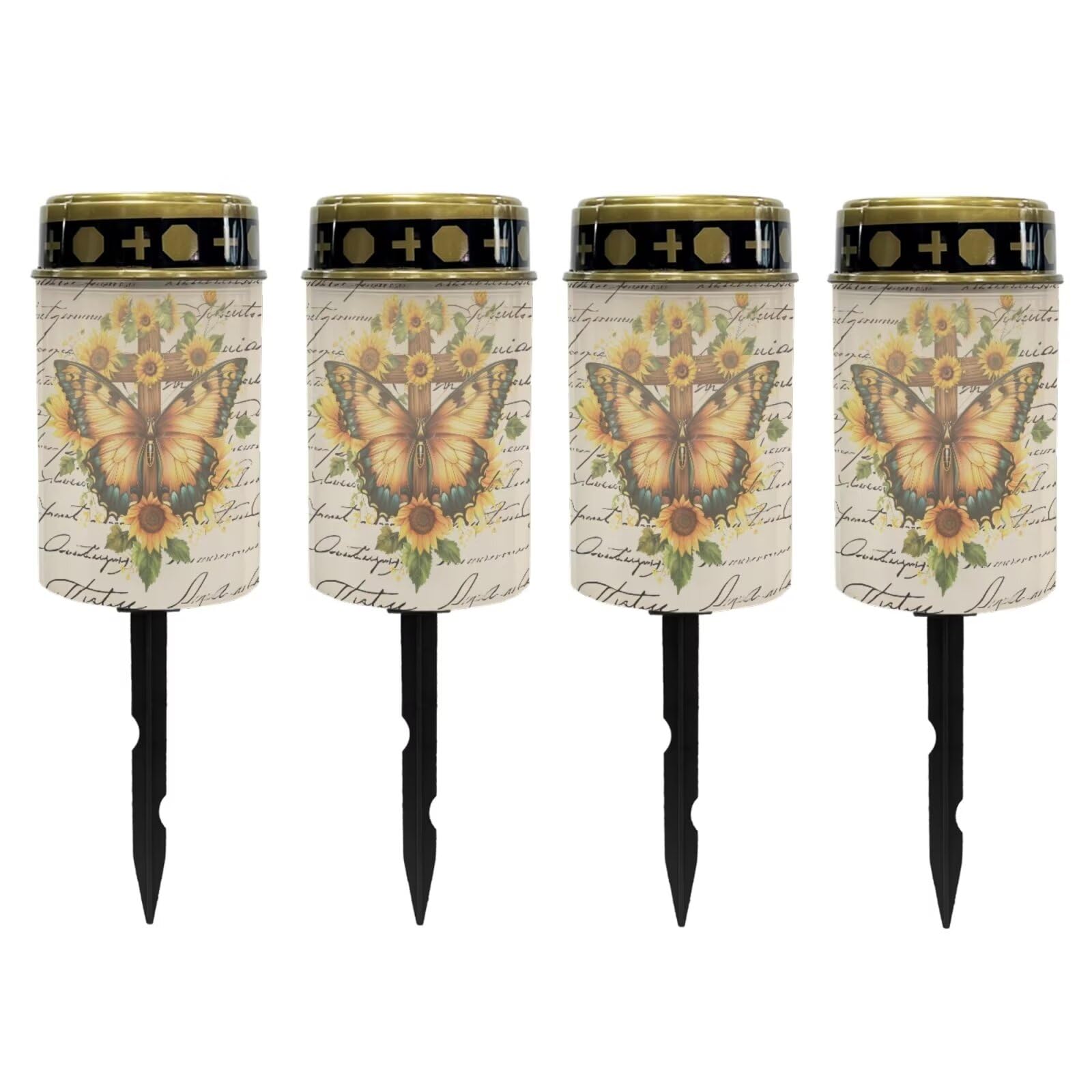 Poceacles Cross Outdoor Solar Lights Grave Solar Candle Outdoor Waterproof Cemetery Solar Candles Garden Lights for Cemetery Lawn Porch Backyard Decoration, Butterfly Sunflower Cross Letter, Pack of 4