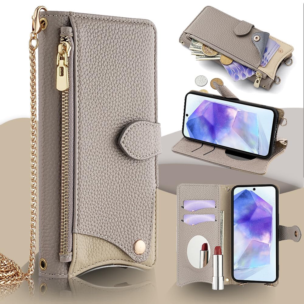 Coque Samsung S24 FE portefeuille cuir gris fermeture éclair chaîne - 8