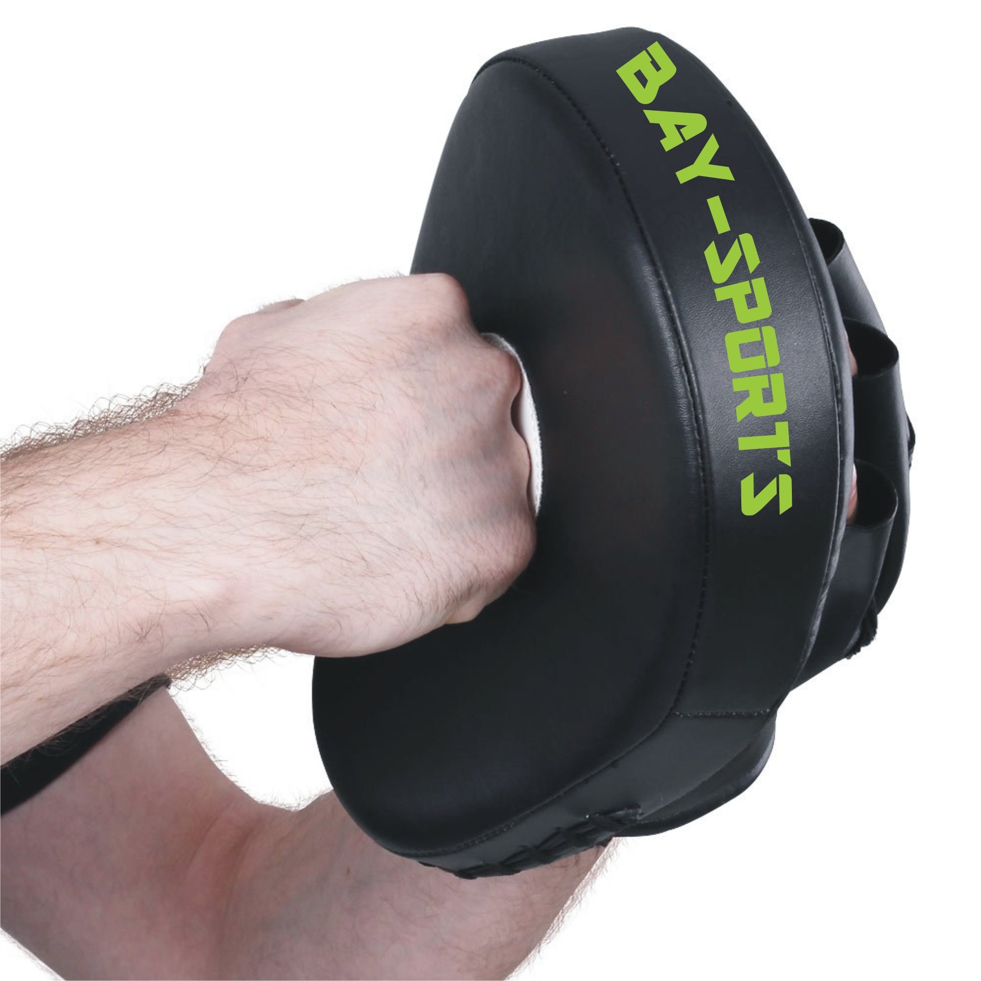 BAY Handpratzen aus Echtleder, Ergonomische Schlagpolster mit Vorkrümmung für Kampfsport, Schwarz-Solar Grün, 2 Stück