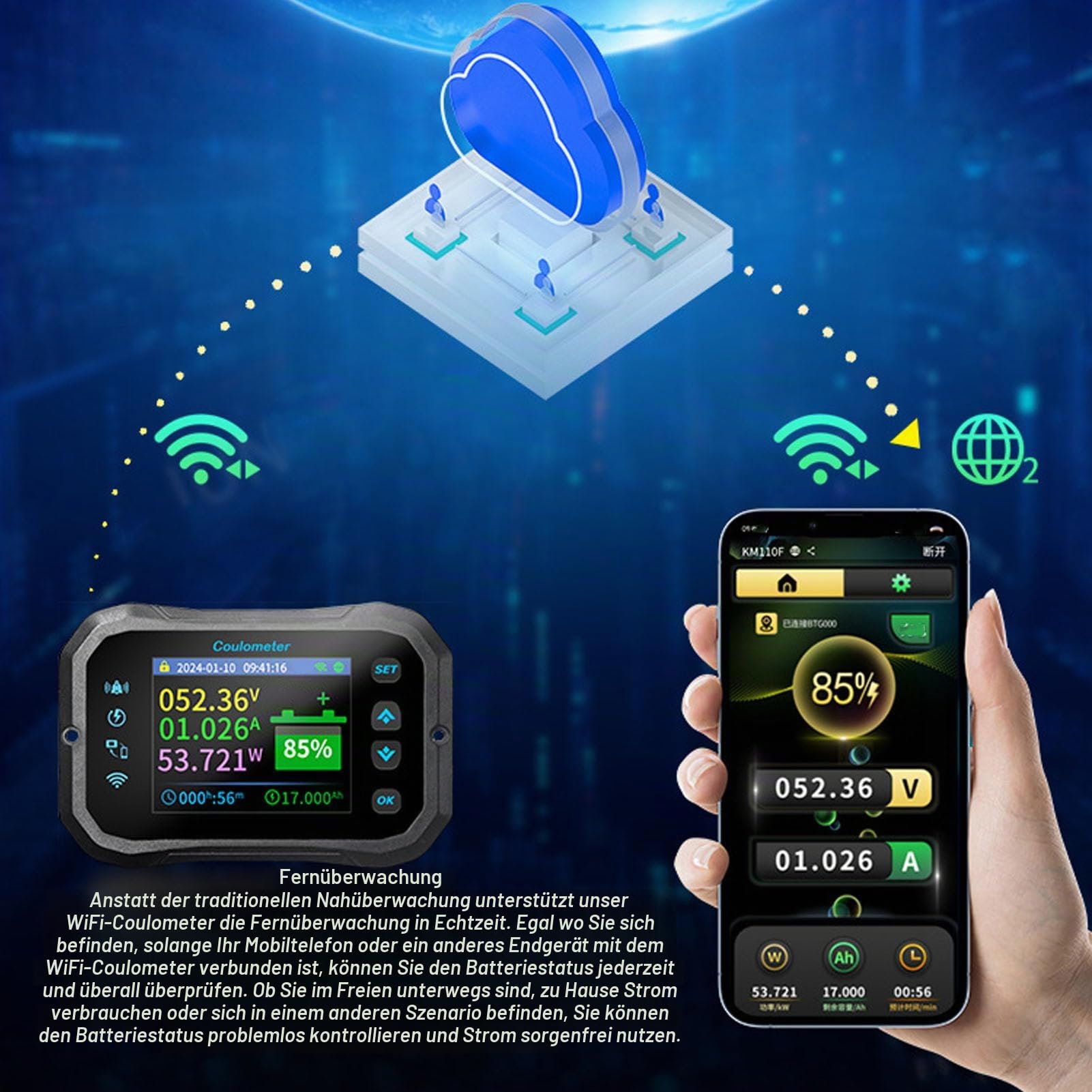 WIFI-Batteriemonitor, Batteriewächter 10-100V Wohnmobil Batterie Monitor mit Shunt, 400A Digitaler Bluetooths Batteriekapazitätsmonitor LCD Display, für Caravan RV Lithium-Batterie