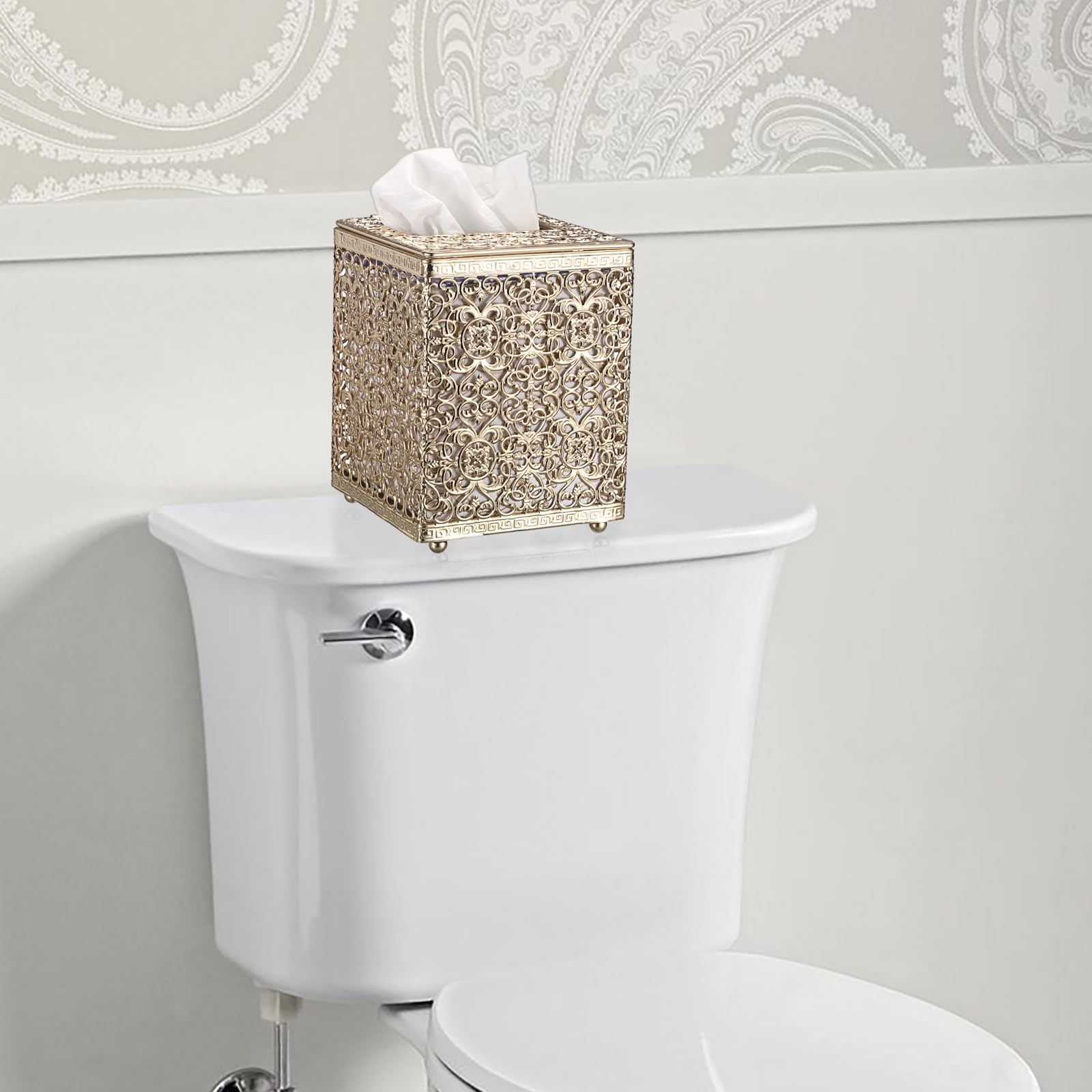 Sumnacon Stilvolle quadratische Taschentuchbox aus goldfarbenem Metall mit Deckel, robust und elegant, perfekt für Zuhause und Büro