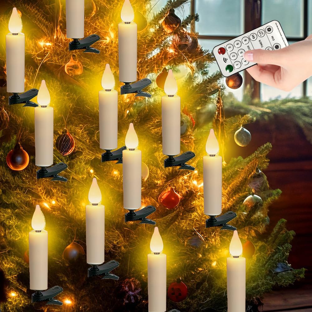 20 LED Christbaumkerzen Mit Fernbedienung – Warmweiß 3000 K, Dimmbar, Timer 6/18 H, Clip & Drehbar, IP64 – Batteriebetrieben, Kabellos
